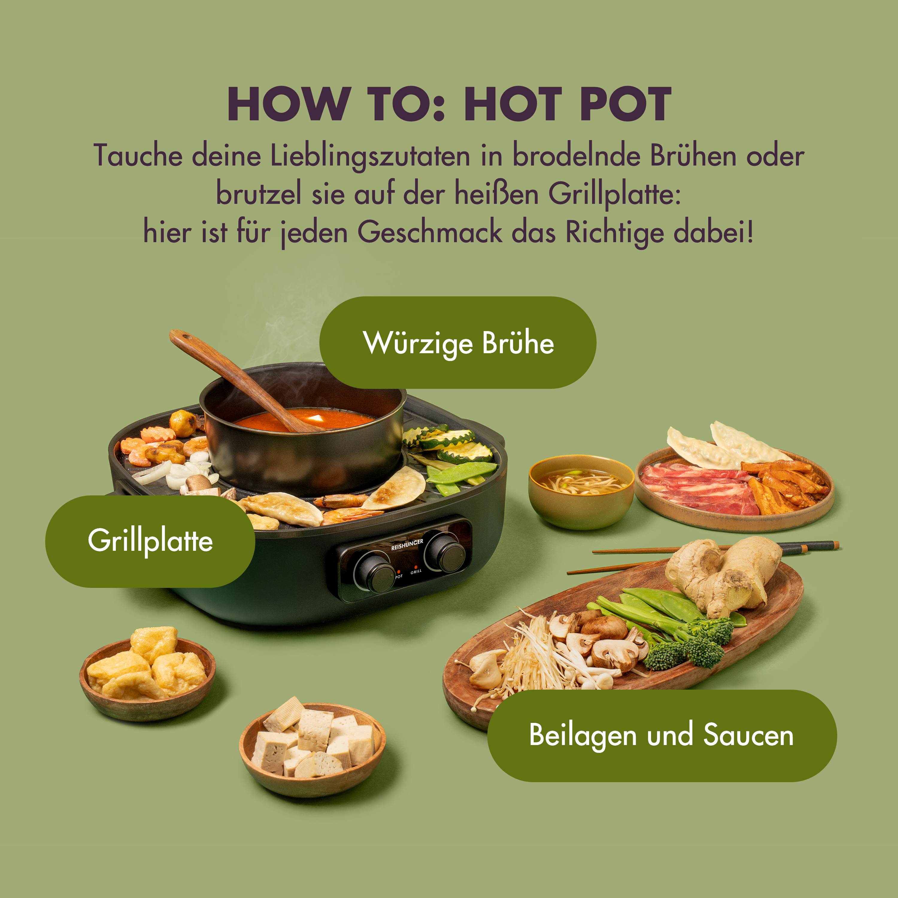 Hot Pot mit Brühe, Grill und Beilagen. Enthält Schalen mit Essen und Gemüse, auf grünem Hintergrund.