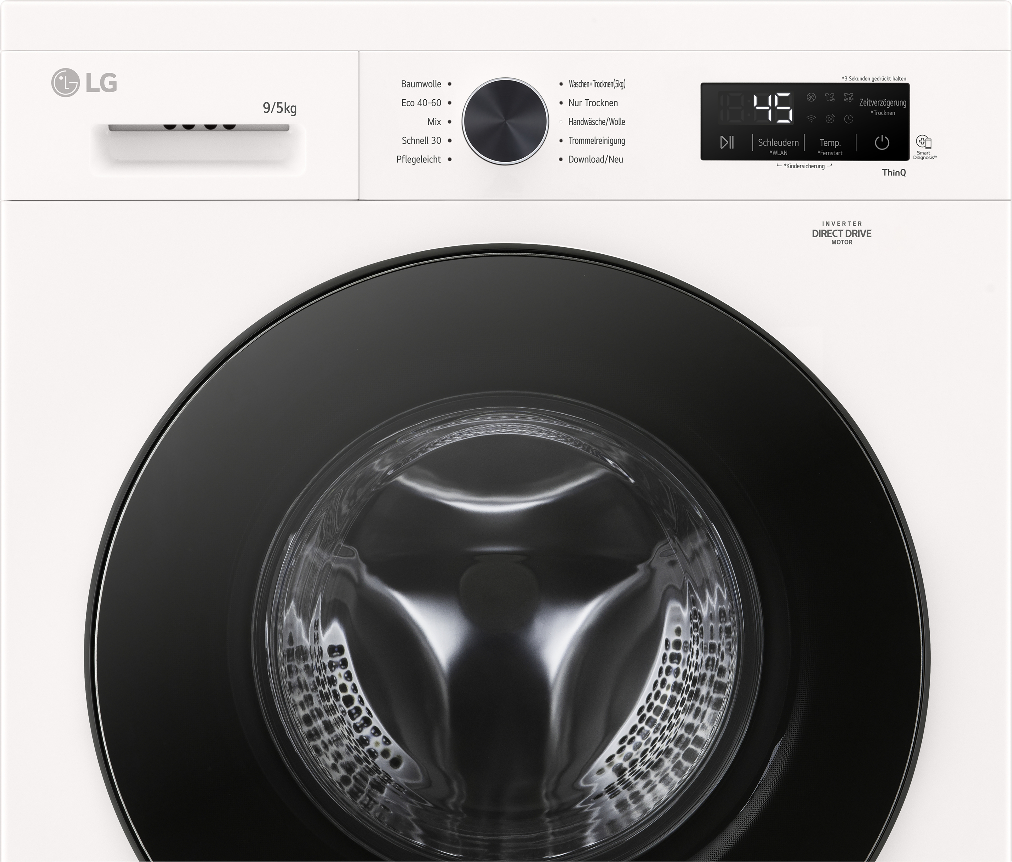 Eine weiße LG-Waschmaschine. Sie hat eine schwarze Tür und ein Bedienfeld mit Knöpfen und einem Display mit '45'.