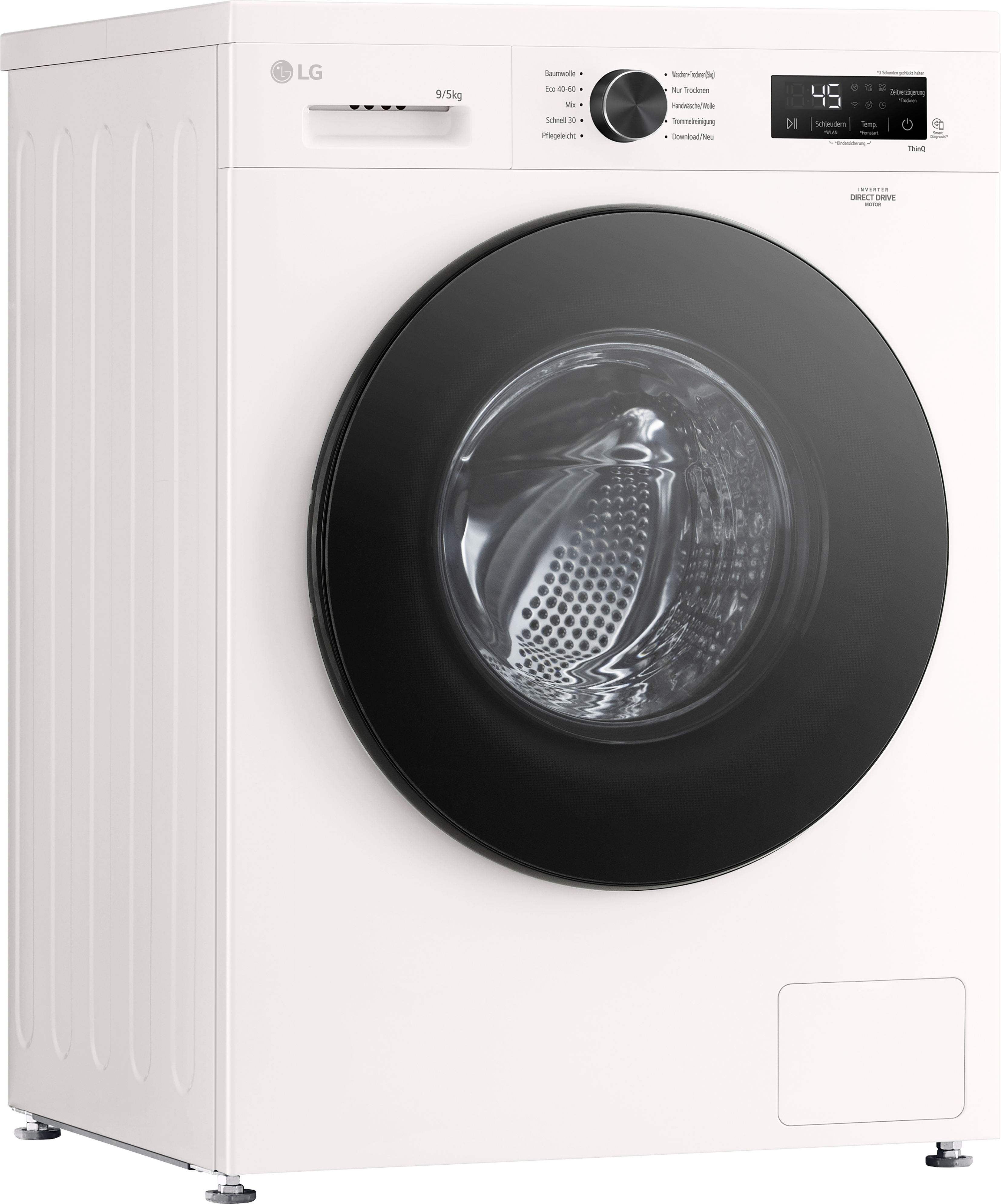 Eine weiße LG Waschmaschine mit schwarzer Tür. Bedienfeld zeigt Einstellungen und Timer.