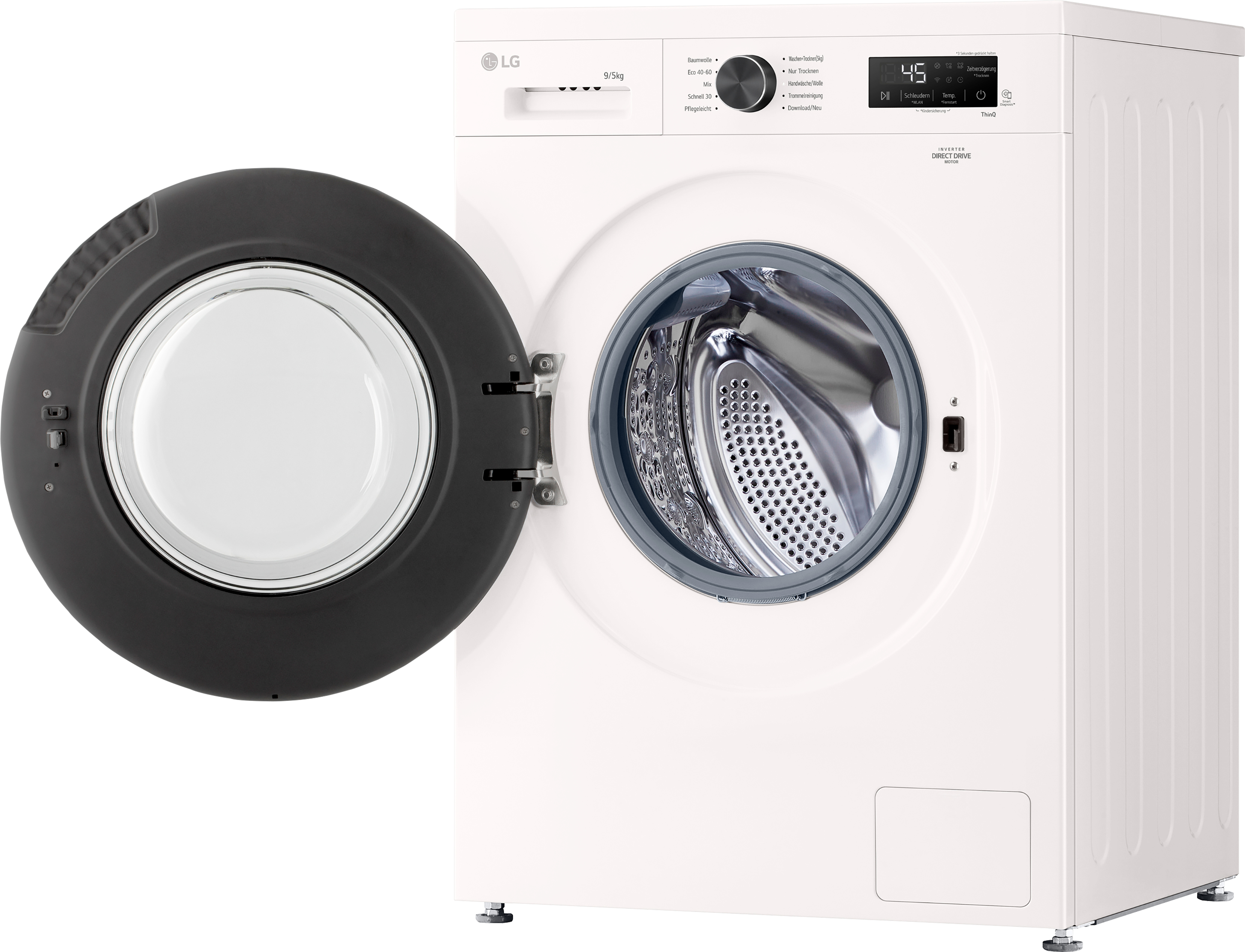 Eine weiße LG Waschmaschine mit offener schwarzer Tür. Digitalanzeige zeigt '45'. Knöpfe und Drehregler sind sichtbar.