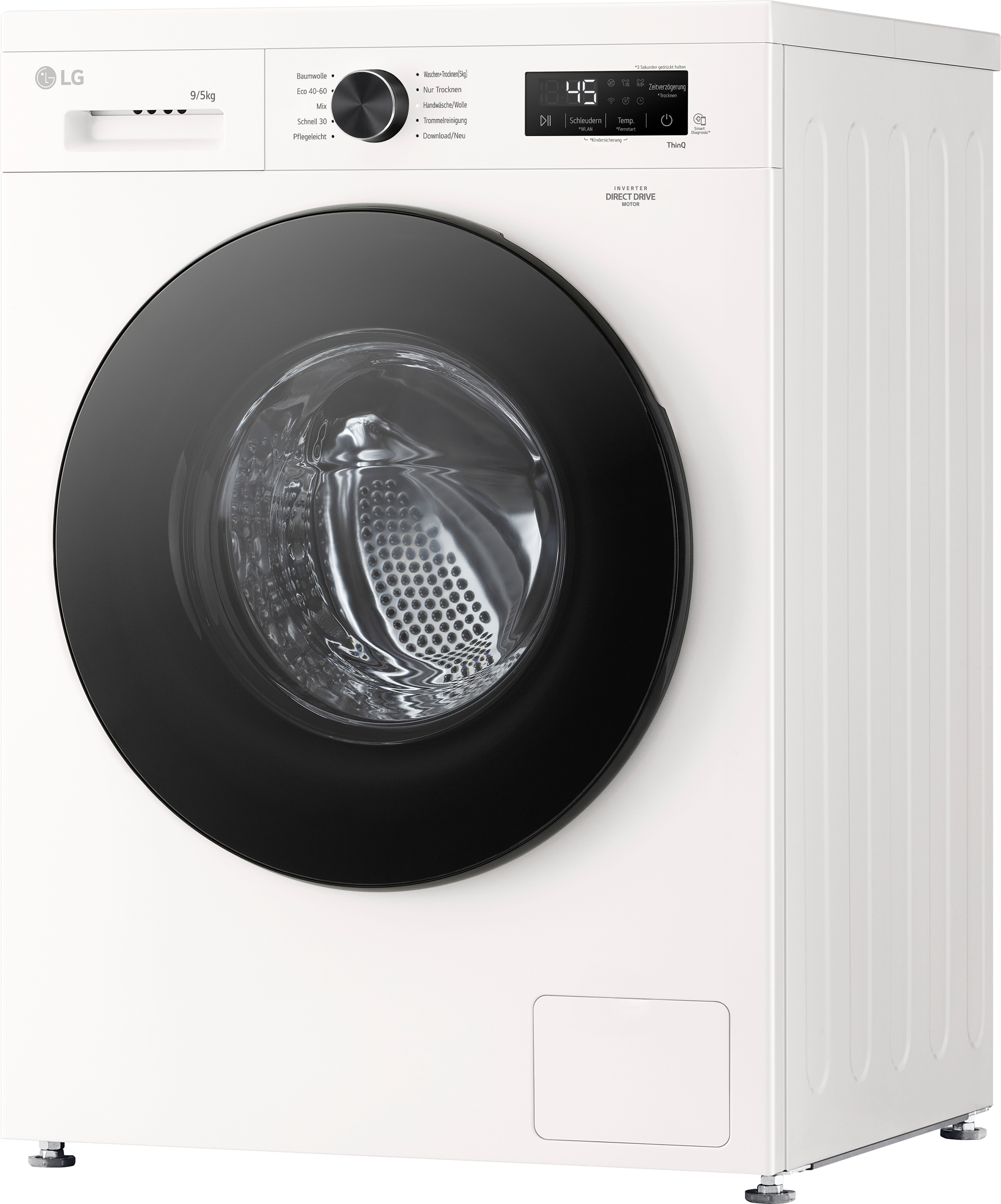 Eine weiße LG Waschmaschine mit schwarzer Tür, Digitalanzeige und verschiedenen Programmen.