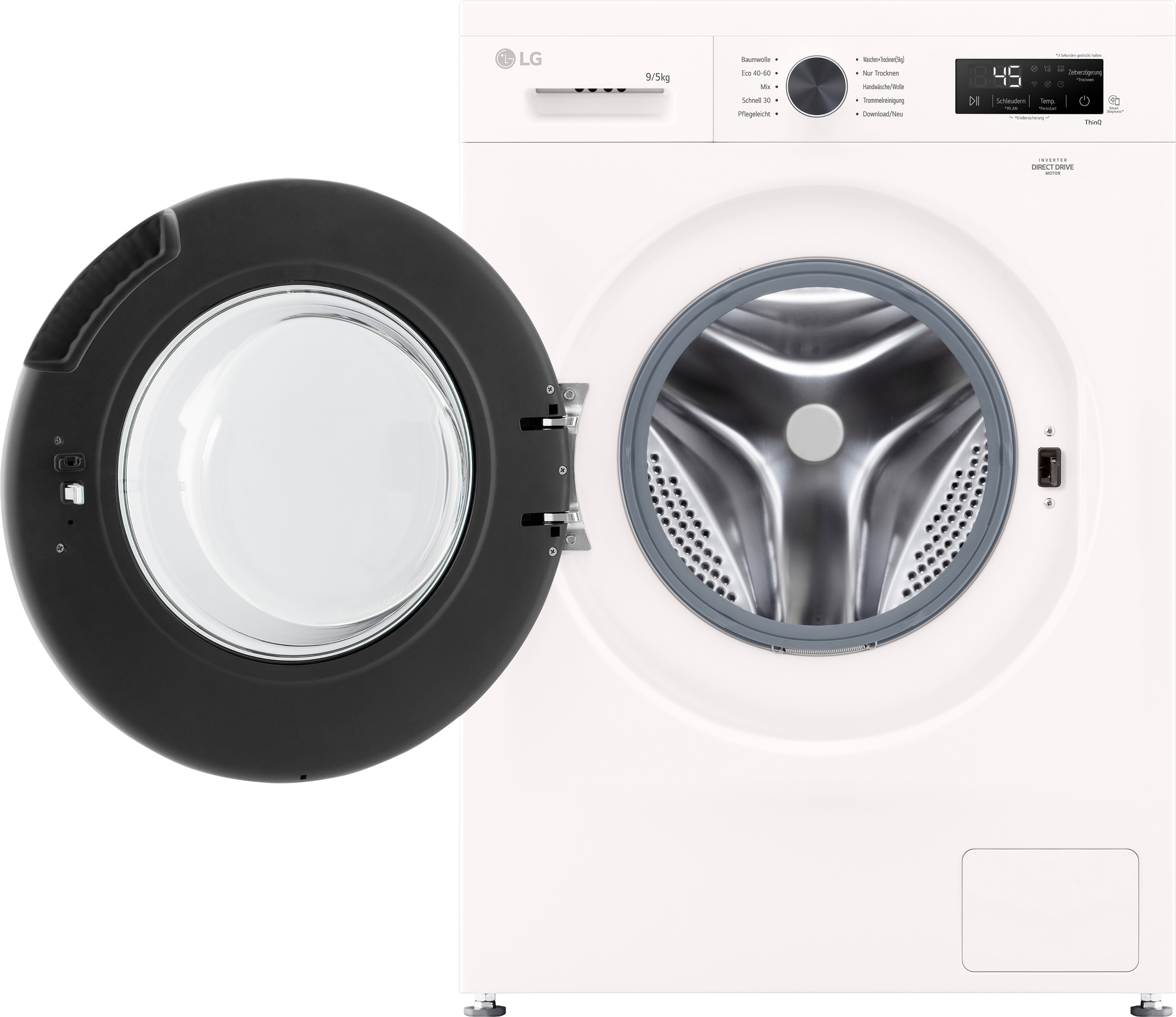 Eine weiße LG-Waschmaschine mit offener schwarzer Tür. Bedienelemente und Anzeige sichtbar. 9/5kg Kapazität.