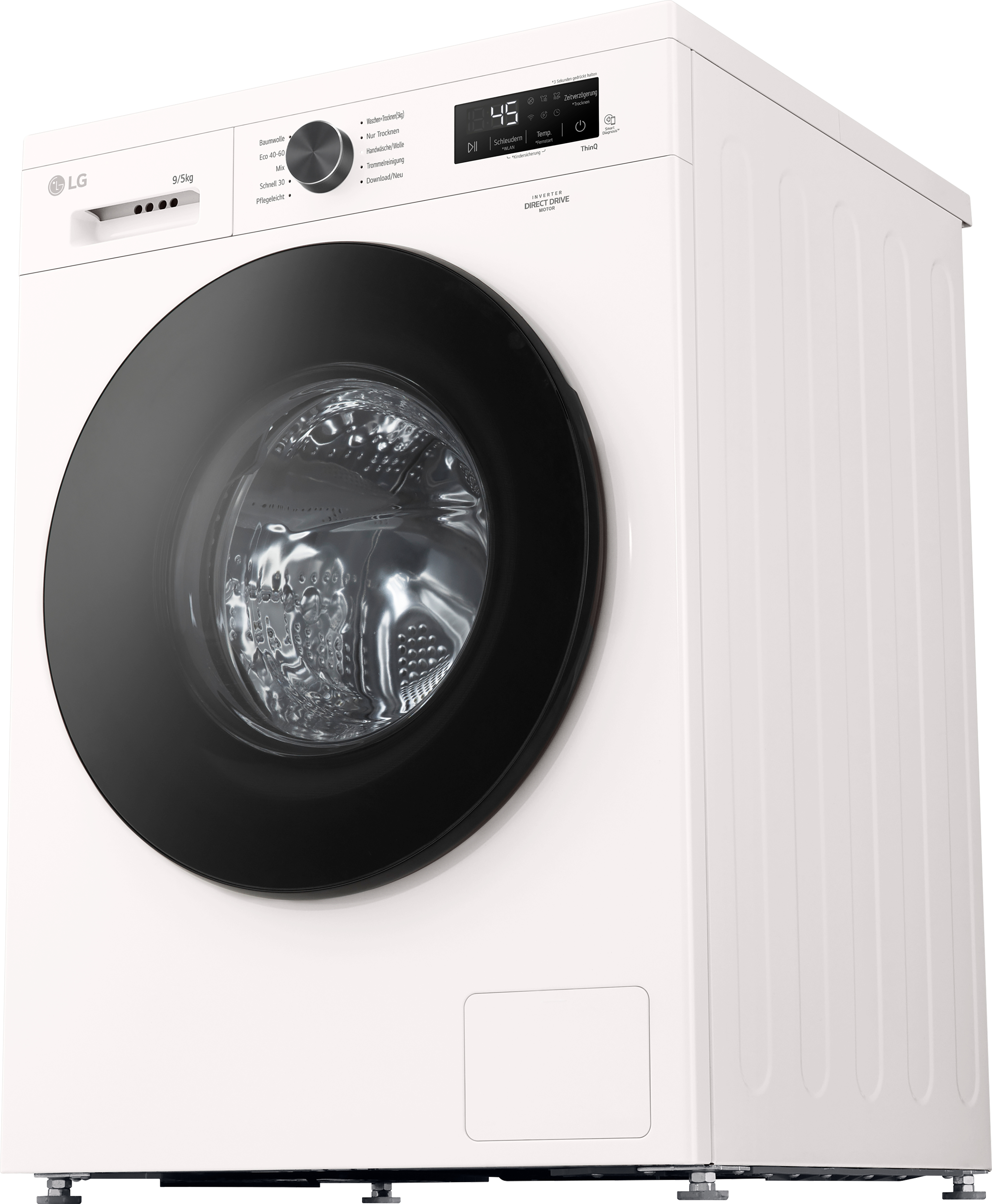 Eine weiße LG-Waschmaschine mit schwarzer Tür. Sie hat eine Digitalanzeige und Drehknöpfe.