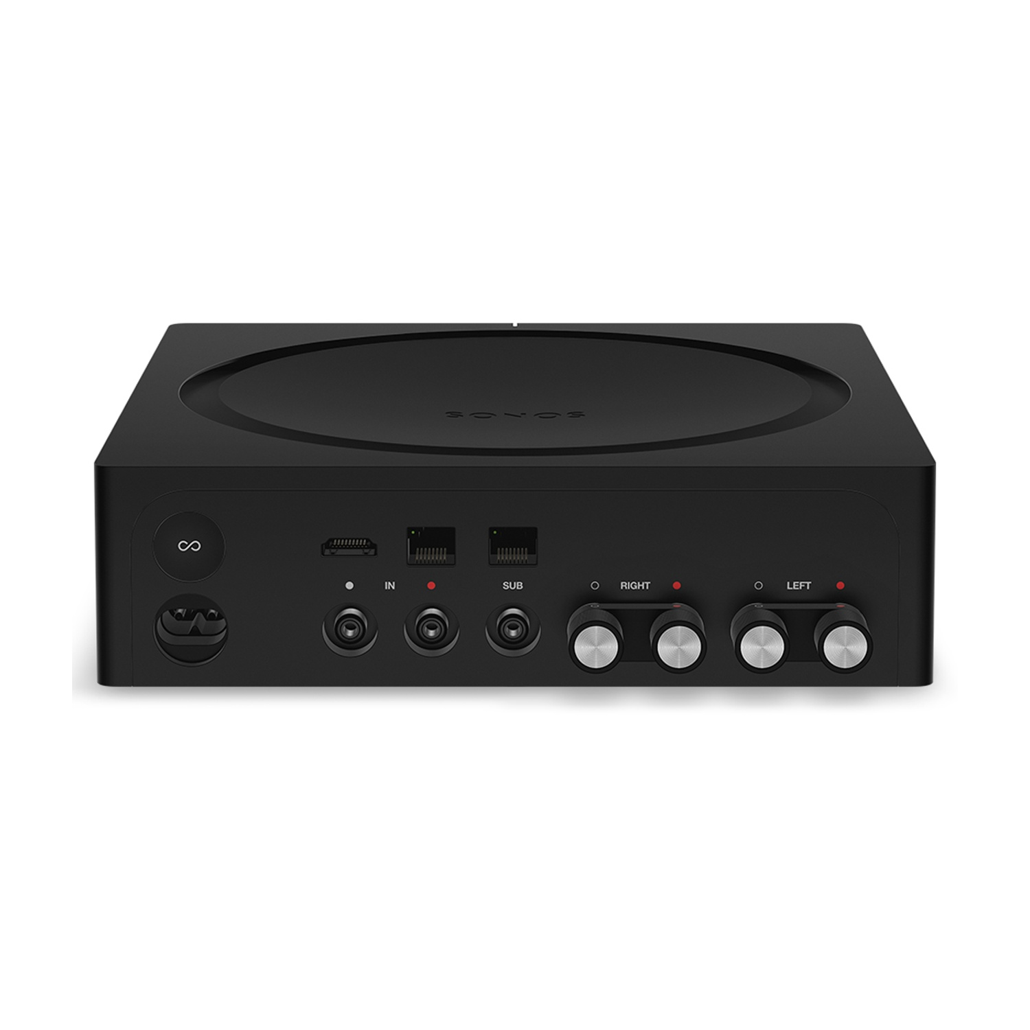 Un componente nero del sistema audio Sonos con vari ingressi e controlli. Ha una parte superiore circolare e diversi pulsanti.