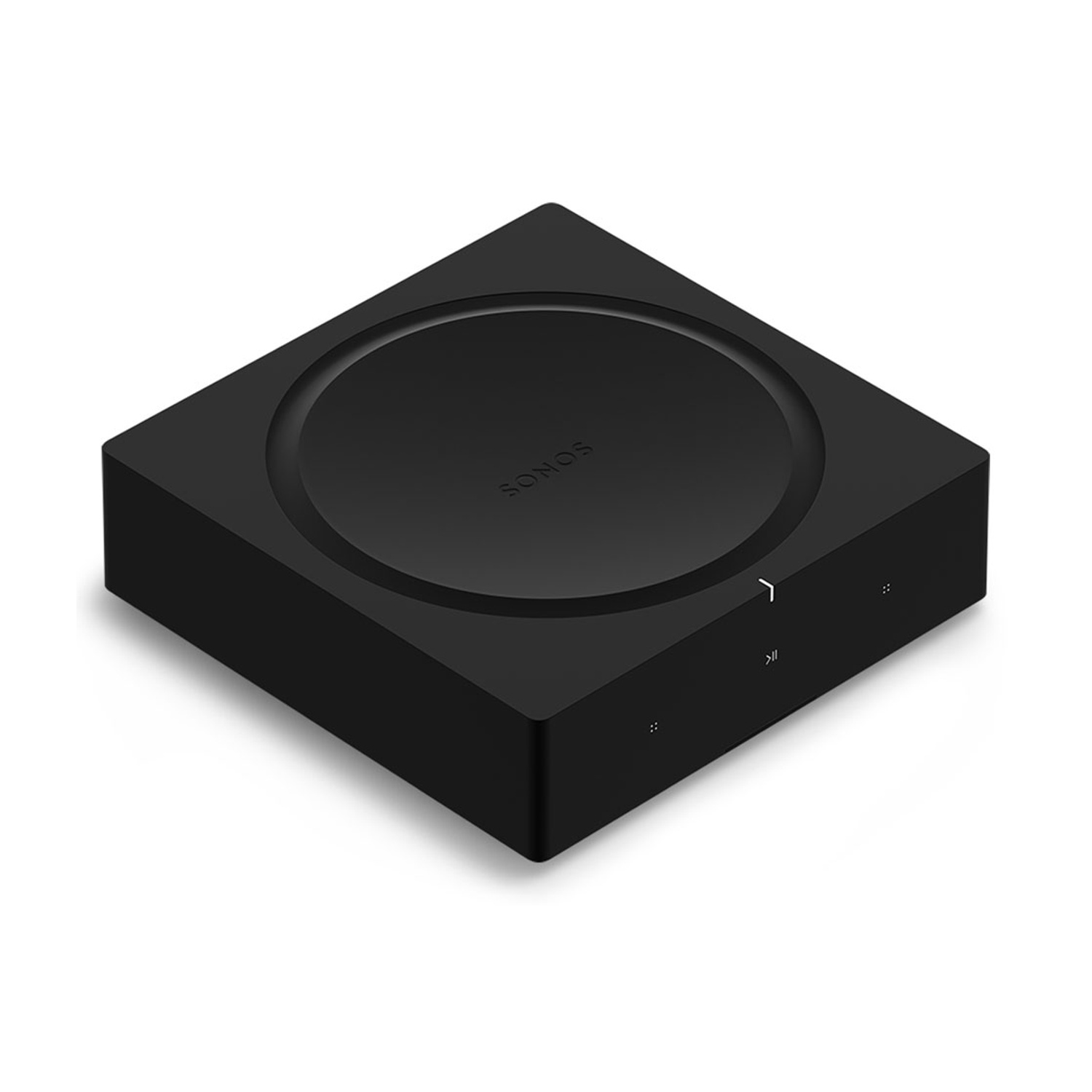 Un componente audio Sonos nero, quadrato con una parte superiore circolare incassata. Pulsanti e logo visibili. Sfondo bianco pulito.
