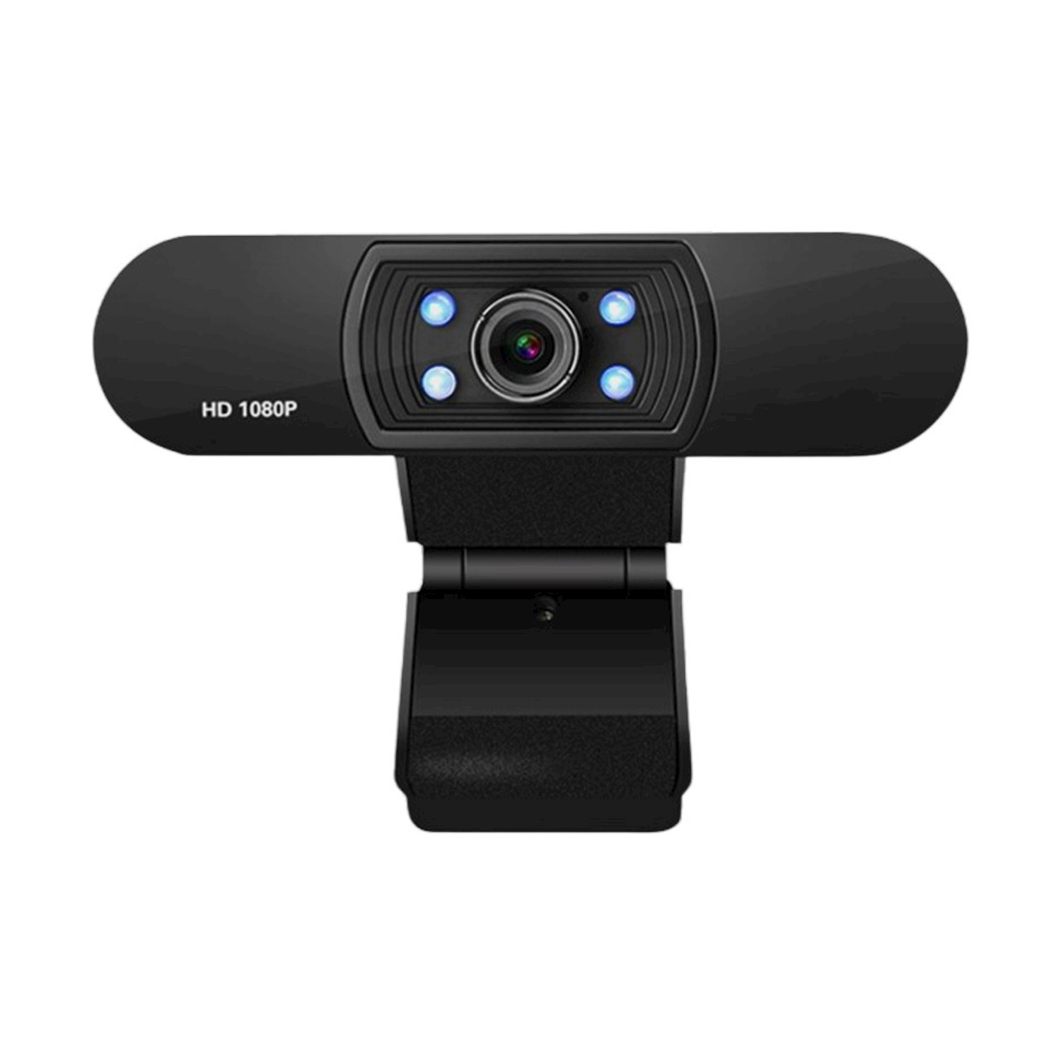 Una webcam nera HD 1080P. Ha una lente al centro circondata da luci blu. Ha un supporto regolabile.