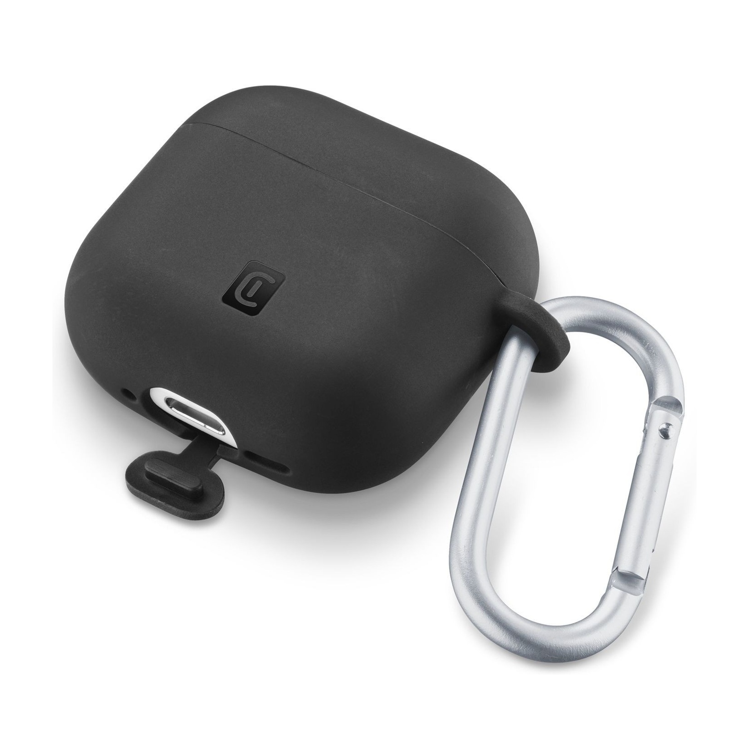 Custodia nera per AirPods con moschettone argentato. La custodia ha un logo e una porta di ricarica. Sfondo bianco.