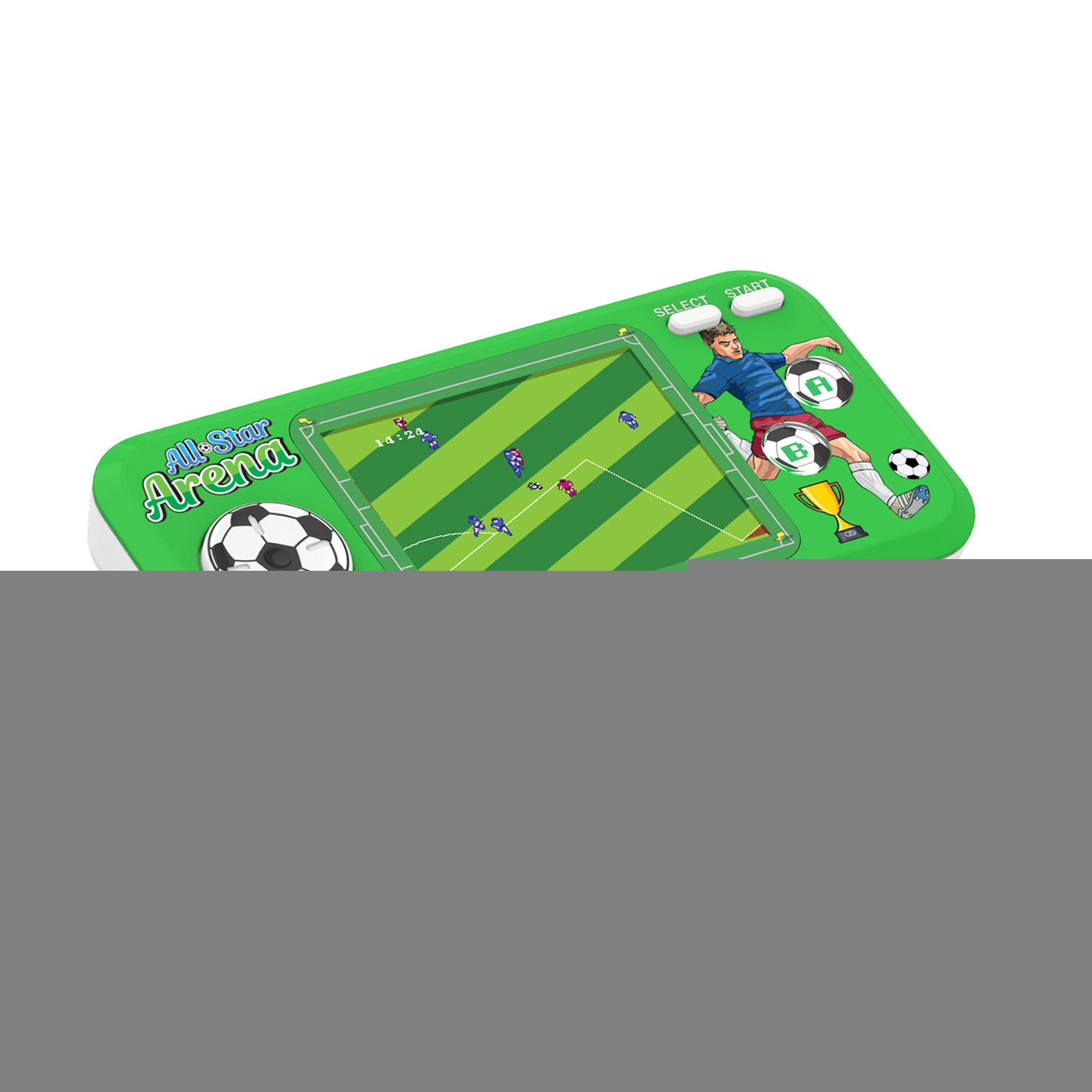 Una console di gioco portatile a tema calcio. Mostra una partita di calcio in corso, un giocatore che calcia la palla e pulsanti.