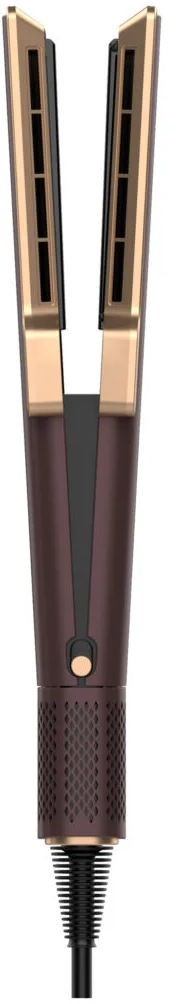 Prostownica do włosów, brązowa i złota, jest otwarta. Ma przycisk zasilania. Czarny przewód rozciąga się od dołu.