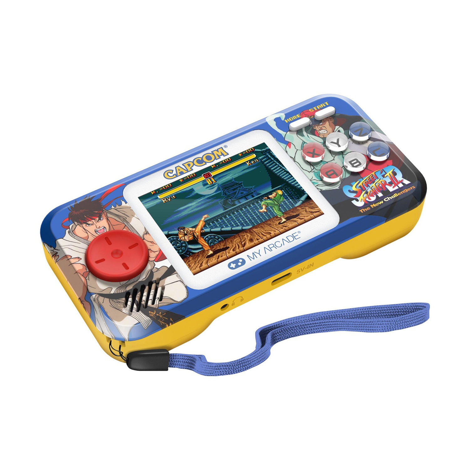Una console di gioco portatile a tema Street Fighter II. Mostra una scena di combattimento. I colori blu e giallo dominano il design.