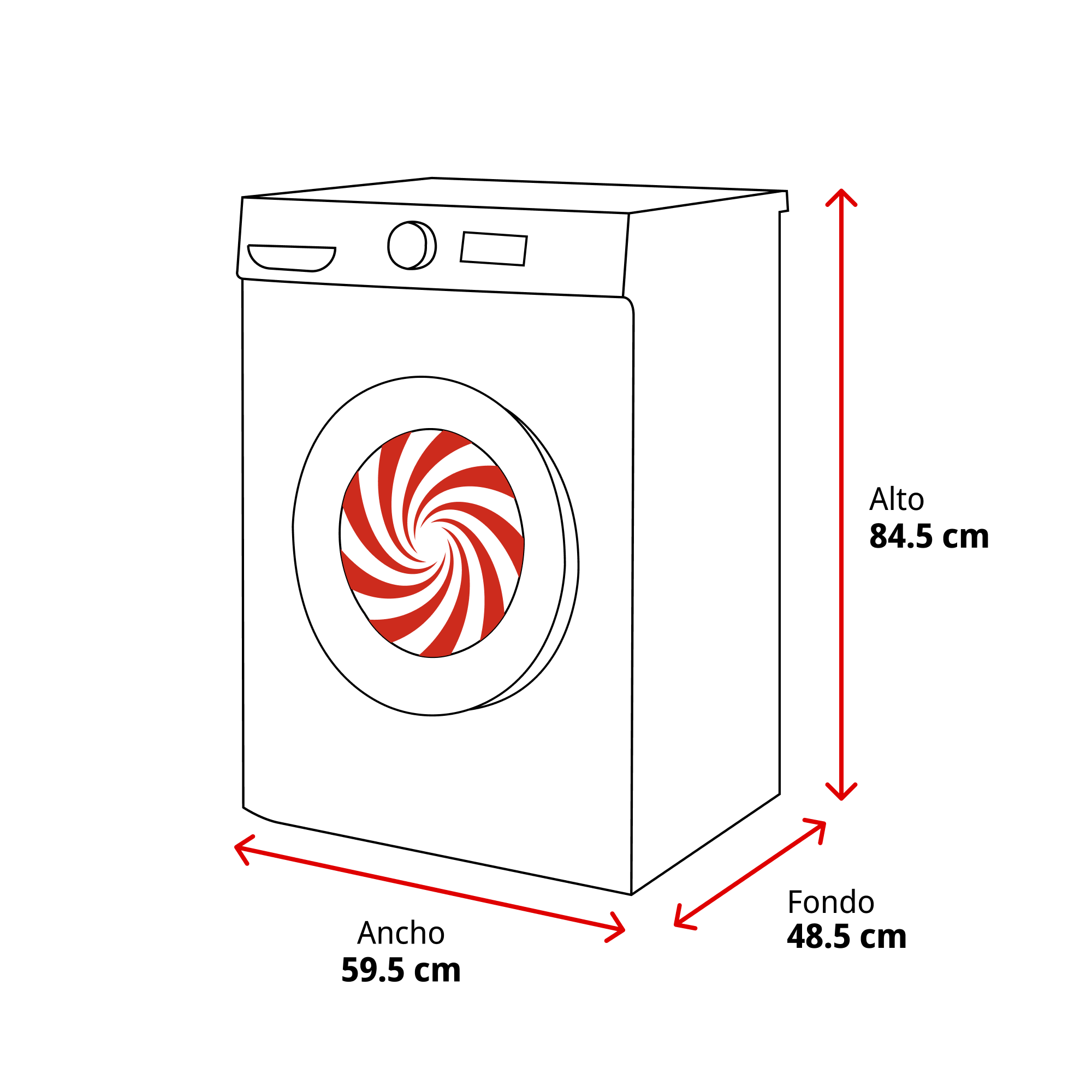 Se muestra una lavadora blanca con sus dimensiones. La puerta tiene un diseño en espiral rojo y blanco. Las medidas están etiquetadas.