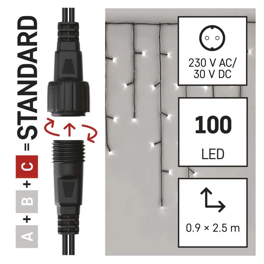 LED-es füzérfény csatlakozóval. Az infoboxok a feszültséget, 100 LED-et és a méreteket mutatják. Szöveg: STANDARD.
