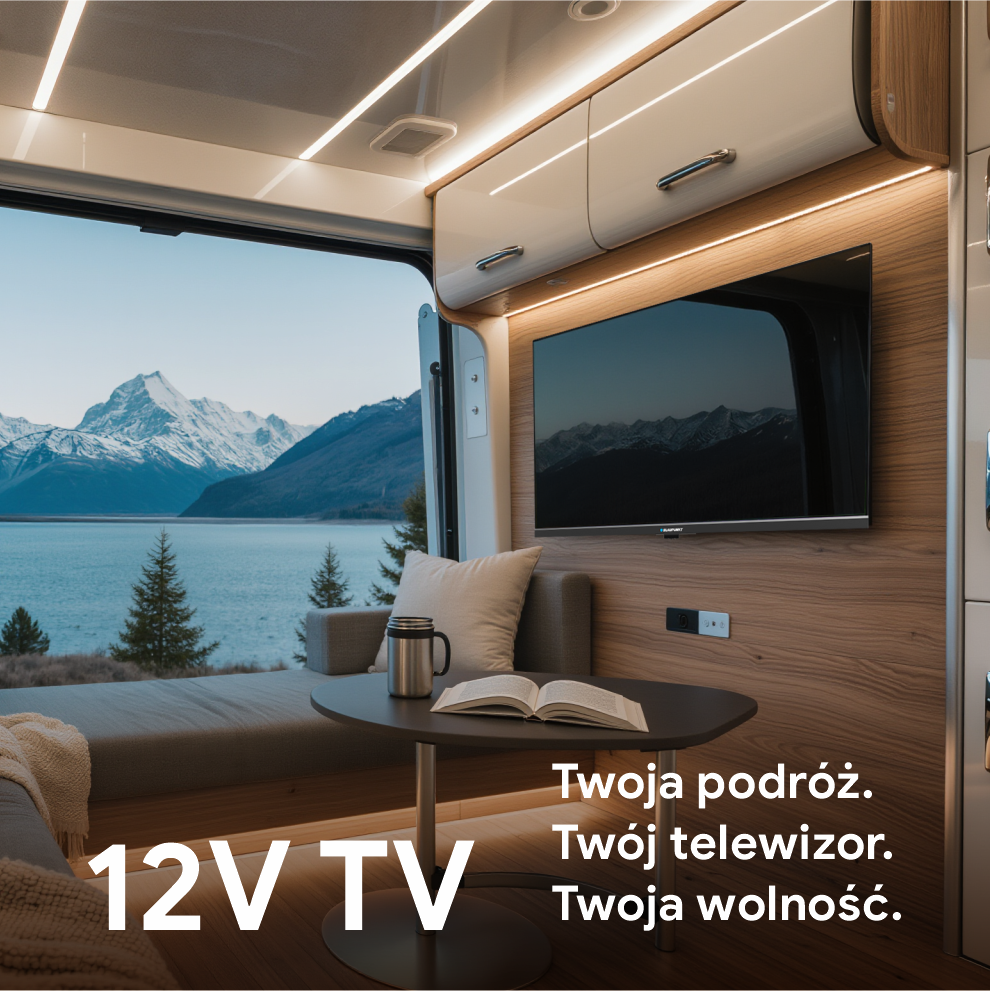 Wnętrze kampera, telewizor na ścianie, otwarte okno z widokiem na góry, stół z książką i kubkiem, tekst: Twoja podróż, TV, wolność.