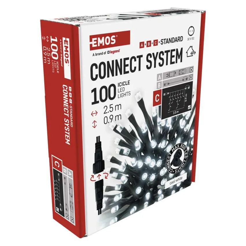 EMOS Connect System 100 LED jégcsapfény doboza. Jellemzők: hidegfehér fények, 2,5 m hosszúság, és 0,9 m esés.