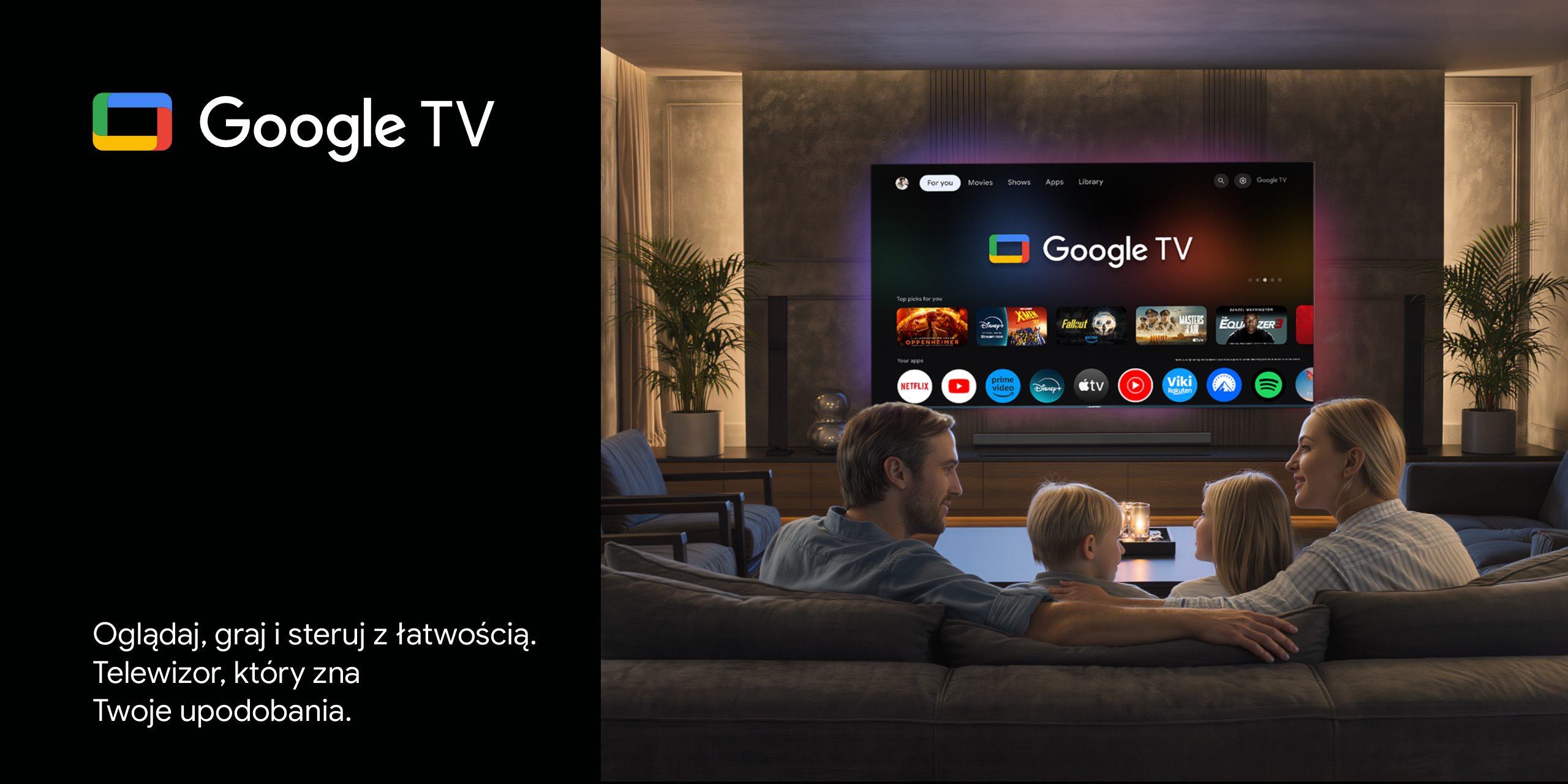 Rodzina ogląda Google TV na dużym ekranie w salonie. Z logo Google TV i ikonami aplikacji.