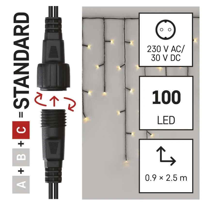 A kép egy fekete csatlakozót, LED-es lámpákat és termékadatokat mutat: 230V AC/30V DC, 100 LED, méretek 0,9 x 2,5 m.