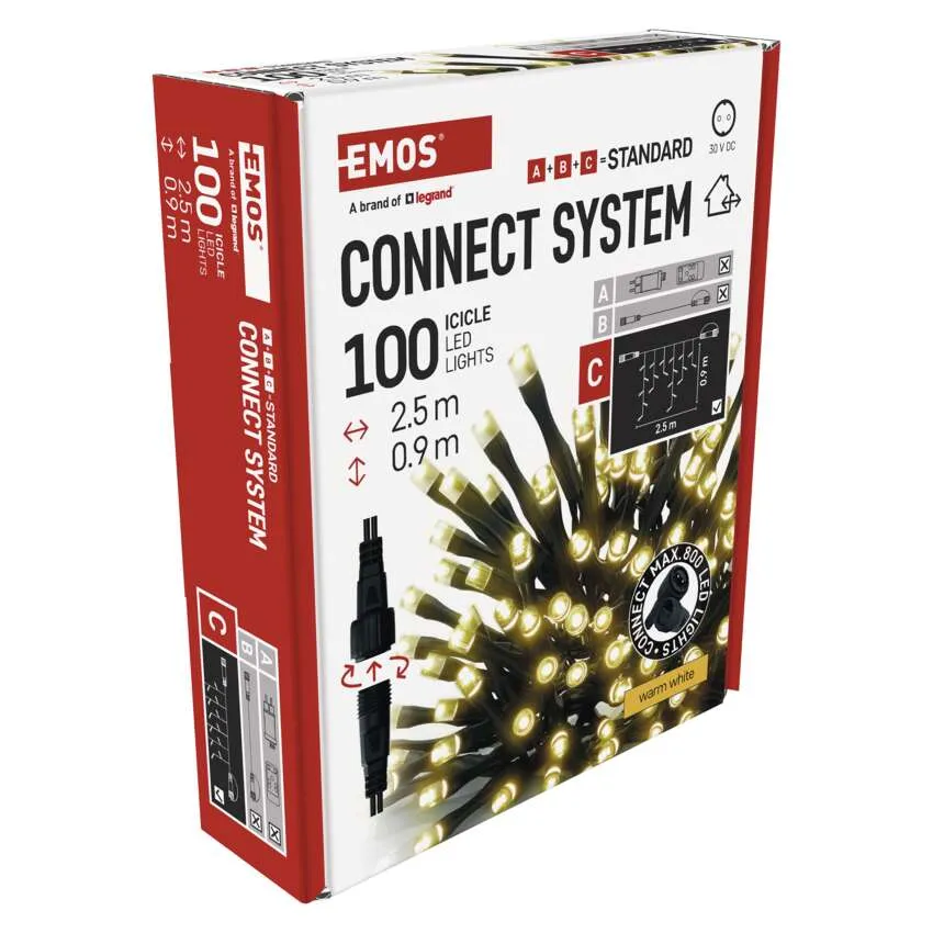 Egy doboz EMOS Connect System 100 LED-es lámpa. A csomag a lámpákat, a márka logóját és a specifikációkat mutatja.