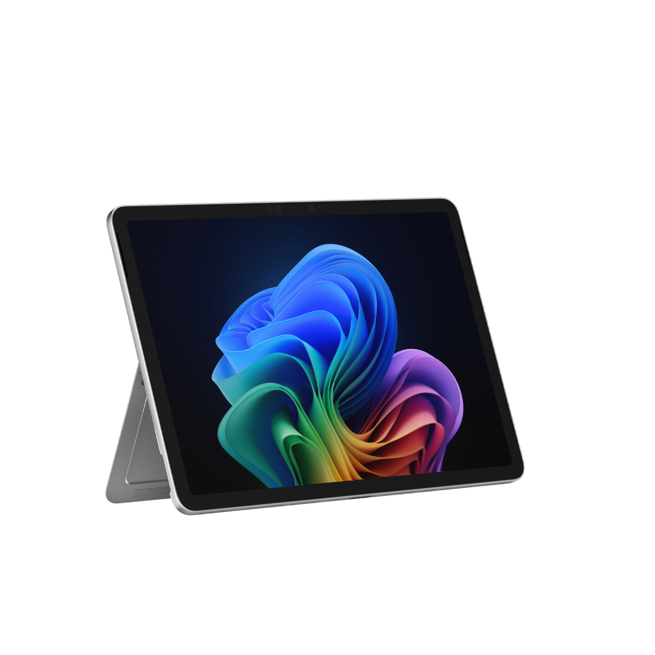 Ein Tablet mit einem farbenfrohen abstrakten Bild auf dem Bildschirm, das von einem Ständer gehalten wird. Der Hintergrund ist schwarz.