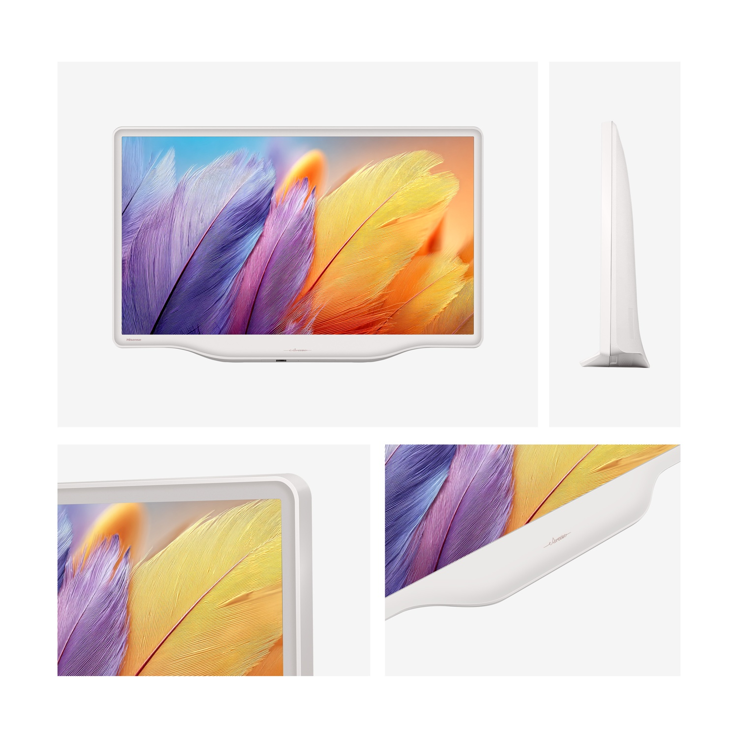 Un televisore Hisense bianco con arte di piume colorate. La vista laterale mostra un design curvo. I primi piani evidenziano la cornice e la base.