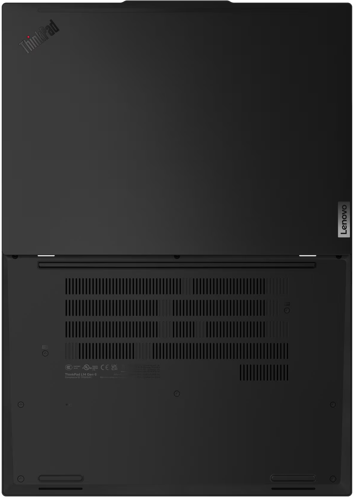 Fekete Lenovo ThinkPad laptop, felülnézet. Tartalmazza a ThinkPad logót, szellőzőnyílásokat, Lenovo logót és szabályozási jelzéseket.