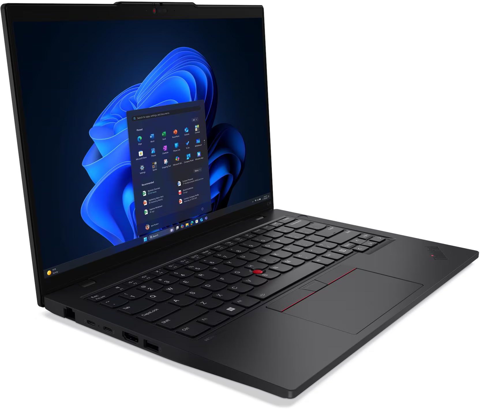 Fekete Lenovo ThinkPad laptop, nyitva, Windows 11 felülettel. Billentyűzet látható, piros díszítésű touchpad. Fehér háttér.