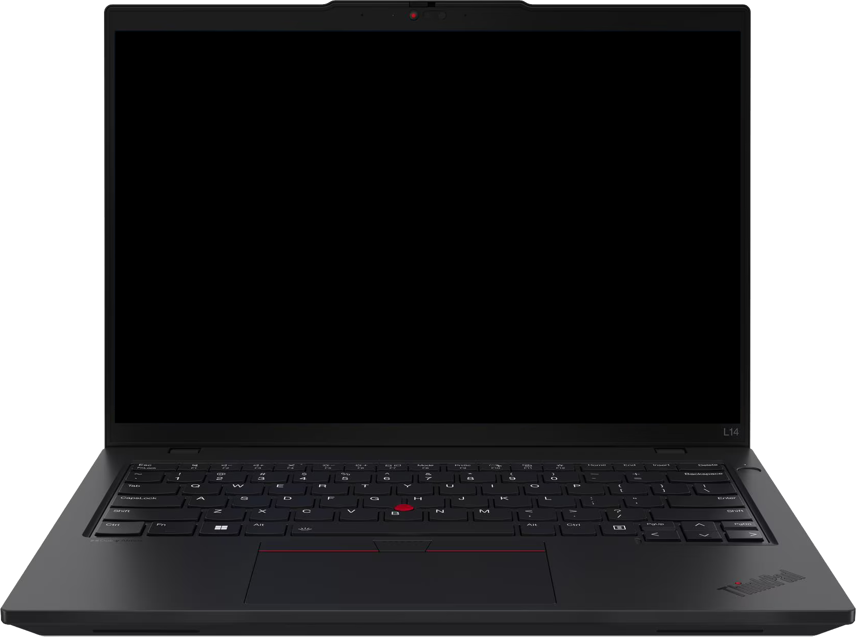 Egy fekete ThinkPad L14 laptop nyitva van, a billentyűzetet és a képernyőt mutatva. A képernyő fekete. A billentyűzet fehér betűkkel rendelkezik.