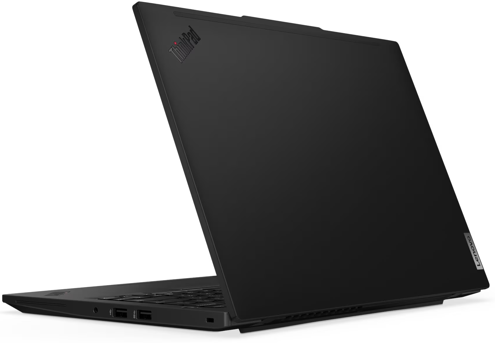 Fekete Lenovo ThinkPad laptop. Nyitva, billentyűzetet és képernyőt mutatva. ThinkPad logó a fedélen. Lenovo logó az oldalon.