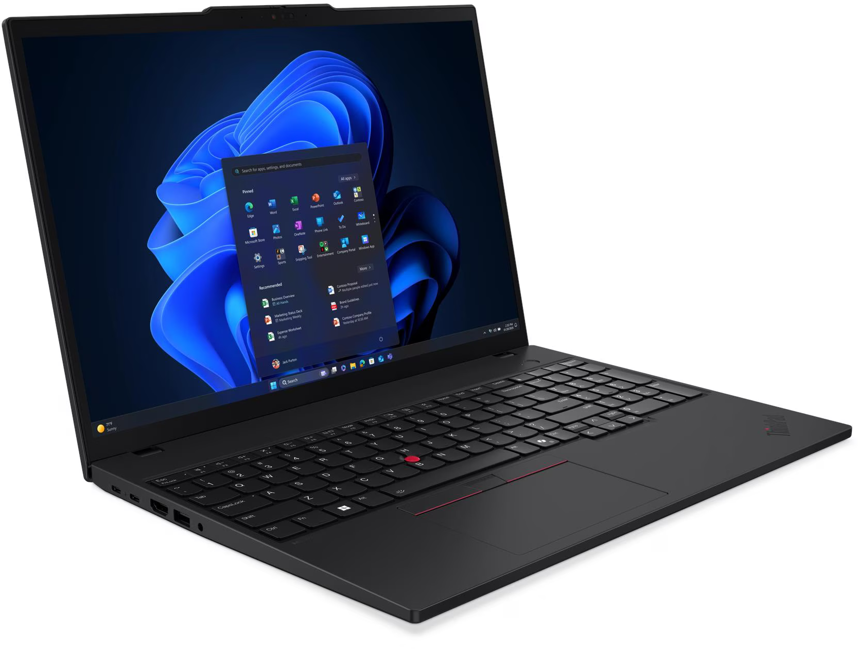 Fekete laptop, nyitott Windows felülettel. A képernyő a Start menüt mutatja alkalmazásikonokkal. A billentyűzeten piros a trackpoint.