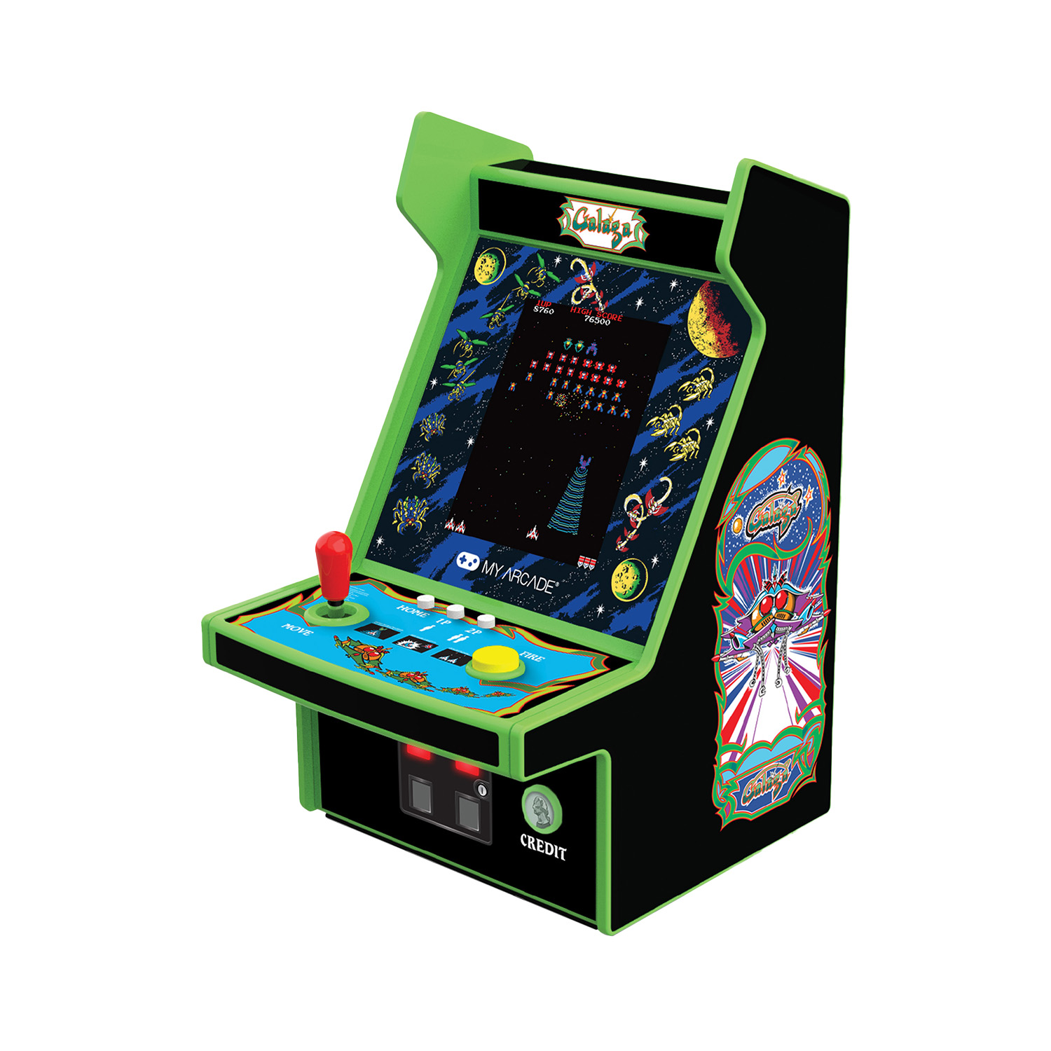 Un mini cabinato Galaga con mobile nero, accenti verdi, joystick rosso e schermo di gioco colorato.