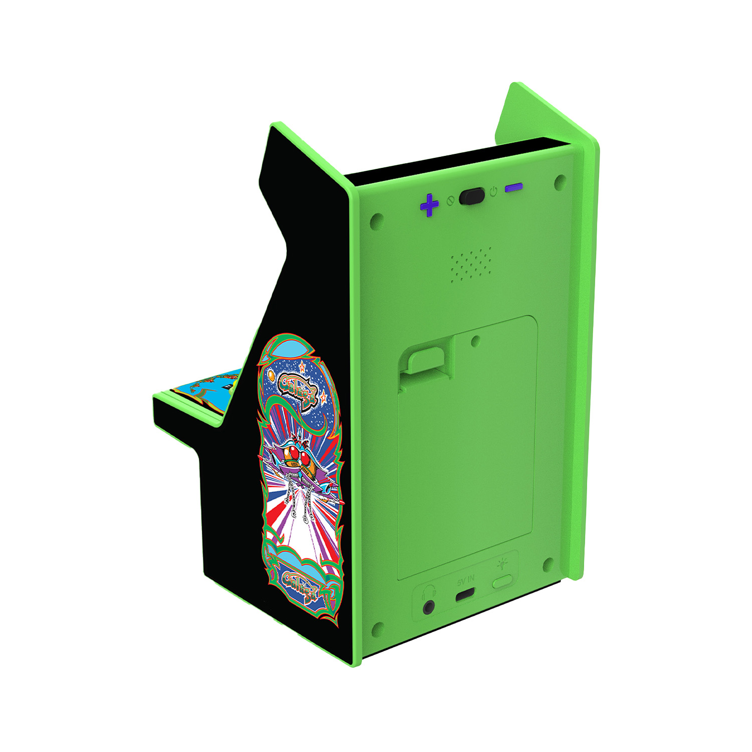 Un mini cabinato arcade verde. Presenta uno schermo nero e un lato con una grafica colorata a tema spazio. Pulsanti in alto e sul retro.
