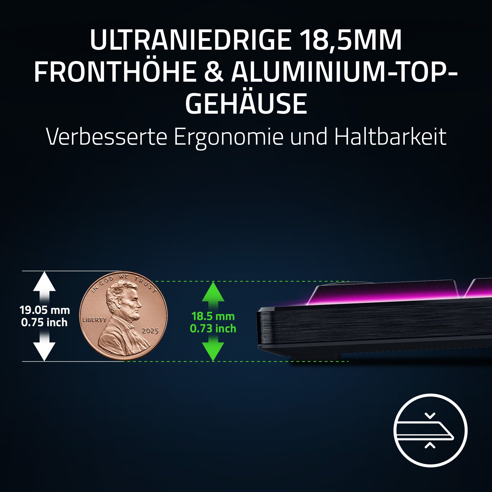 Das Bild zeigt ein Tastaturdetail mit Maßangaben. Ein Cent wird zur Größenveranschaulichung verwendet.
