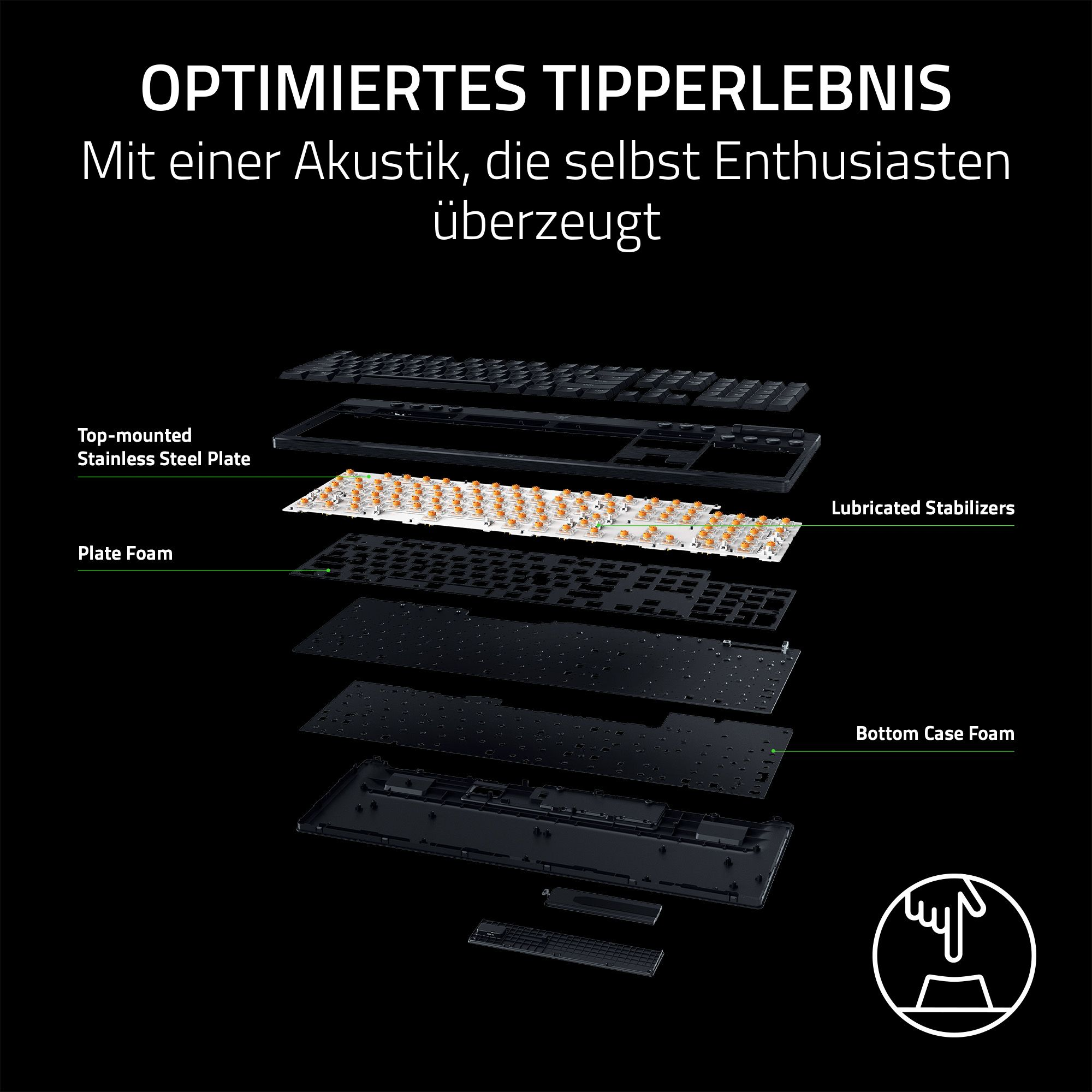 Explodierte Ansicht einer schwarzen Tastatur mit beschrifteten Komponenten auf schwarzem Hintergrund. Text oben in Weiß.