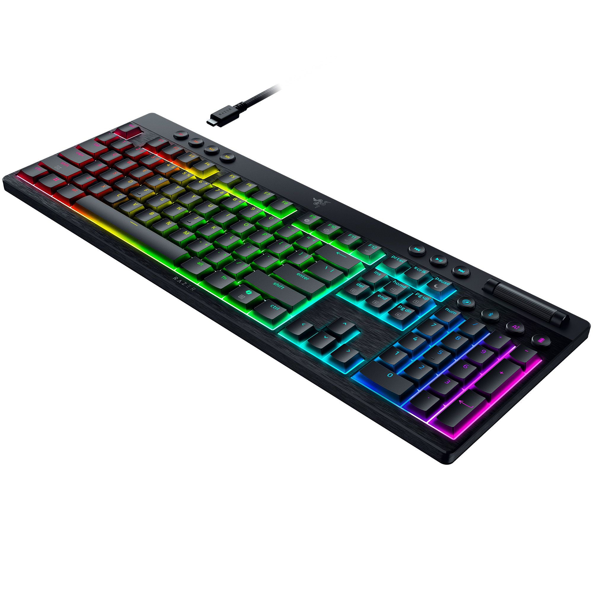 Eine schwarze Razer-Tastatur mit beleuchteten Tasten. Regenbogenfarben beleuchten die Tasten und Kanten. Ein USB-Kabel ist angeschlossen.