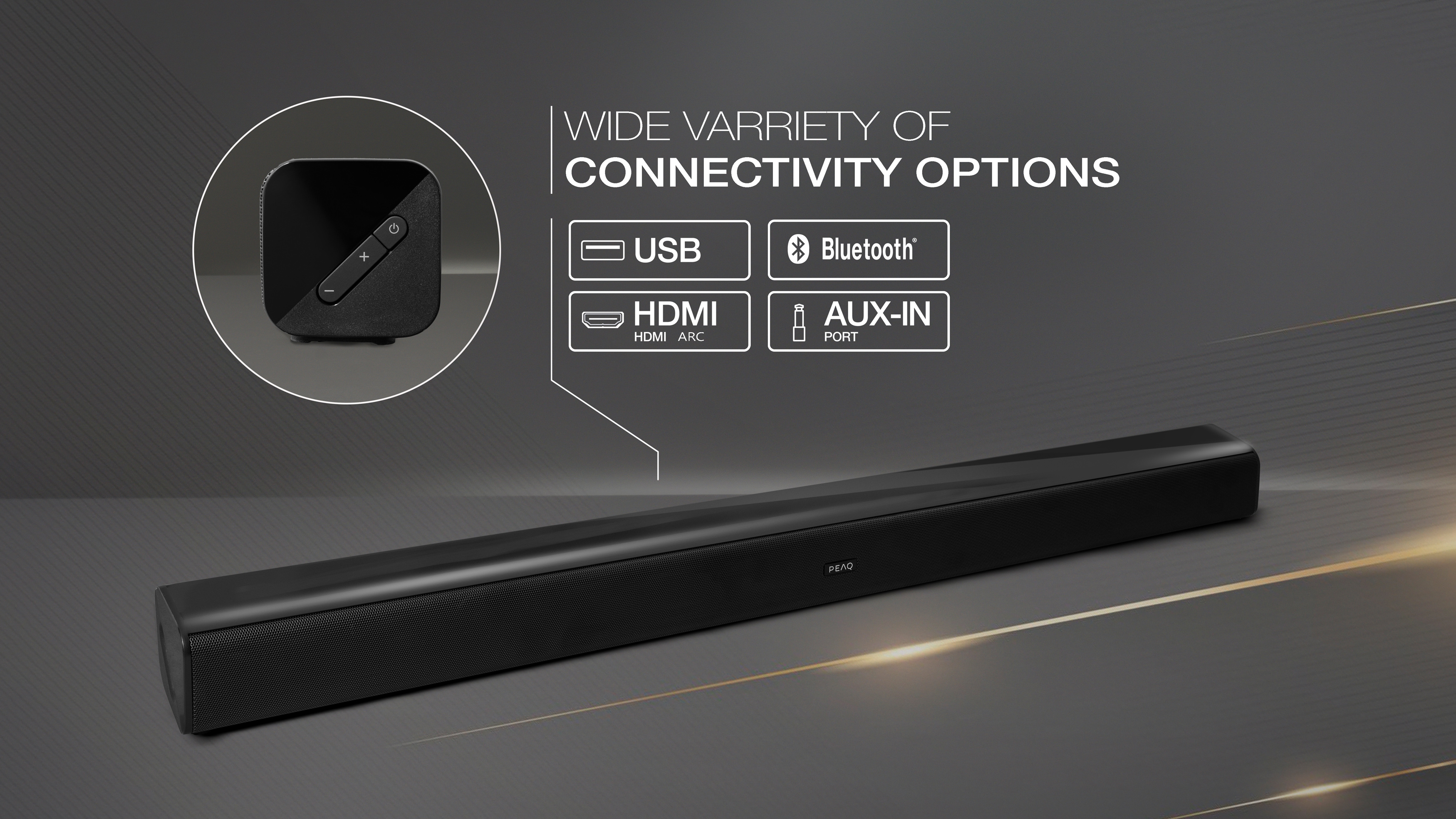 Czarny soundbar z opcjami połączeń: USB, HDMI, Bluetooth i AUX-IN. Mały panel sterowania z boku.