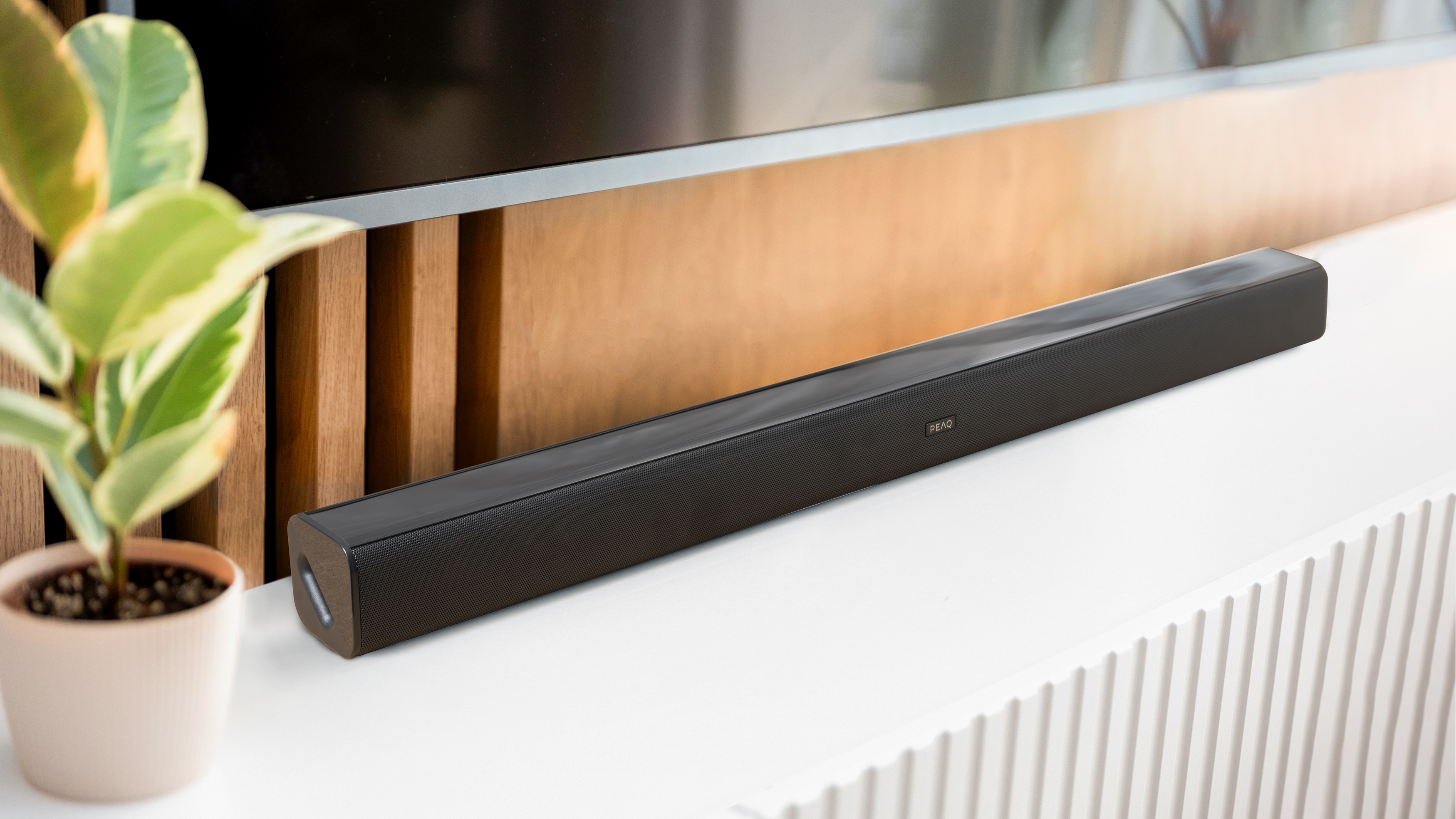 Czarny soundbar na białej powierzchni. Roślina w doniczce po lewej. Drewniane panele w tle.