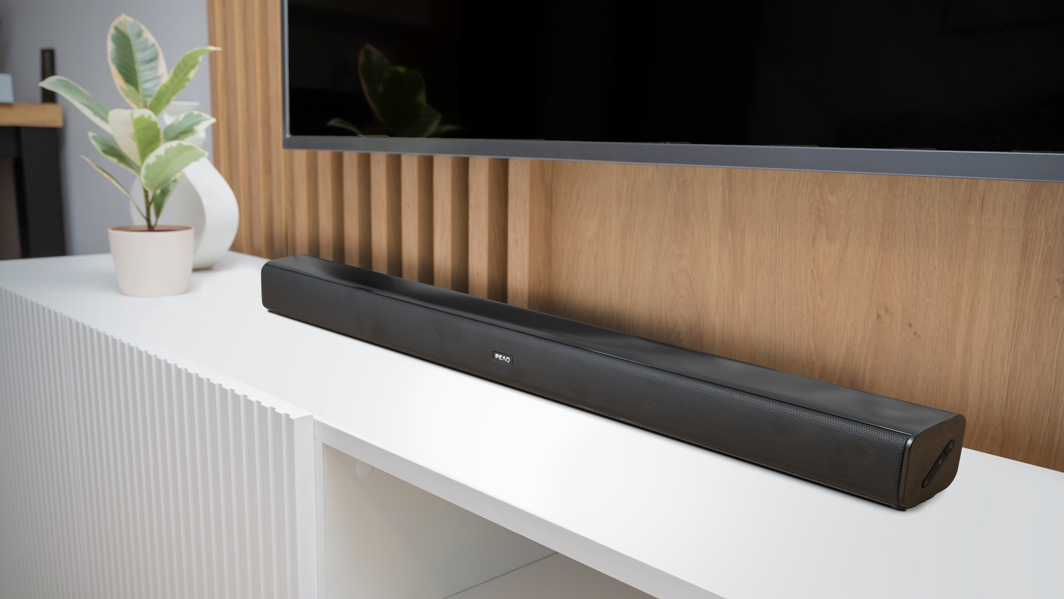 Czarny soundbar na białej szafce. Za nim telewizor i drewniany panel. Po lewej roślina.