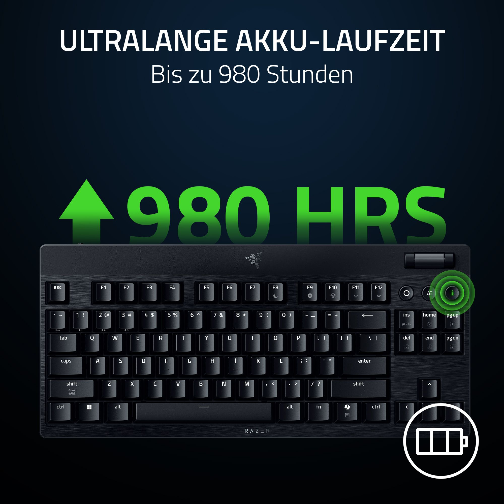 Schwarze Tastatur mit weißen Tastenbeschriftungen. Grüner Pfeil und Text '980 HRS'. Batterie-Symbol.