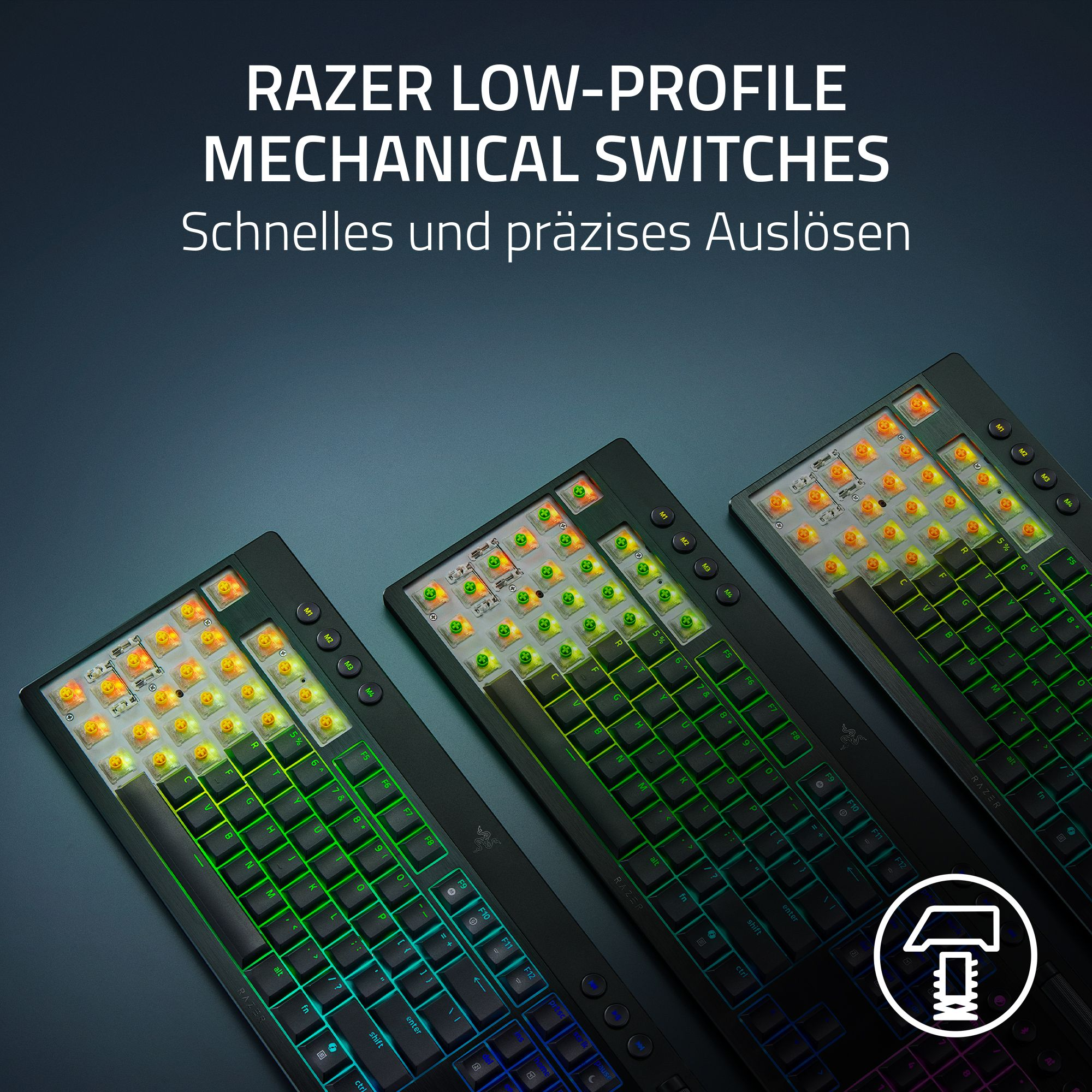 Drei beleuchtete Tastaturen mit sichtbaren Schaltern. Die Tasten zeigen bunte Lichter. Text: RAZER MECHANICAL SWITCHES.