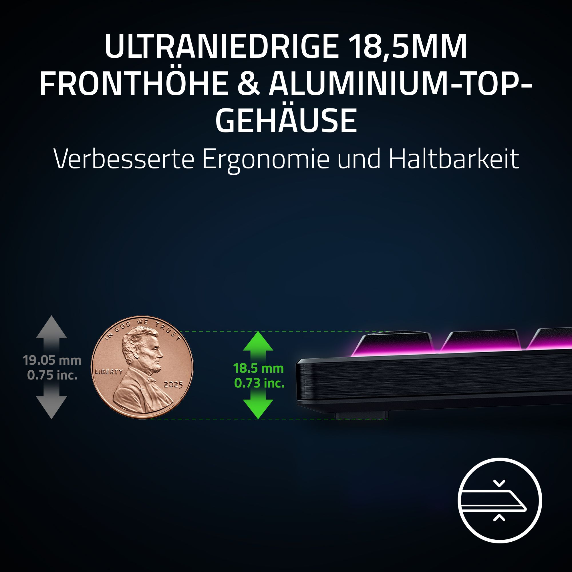 Das Bild zeigt das niedrige Profil einer Tastatur. Ein Cent wird als Maßstab verwendet. Text beschreibt Aluminium und Ergonomie.