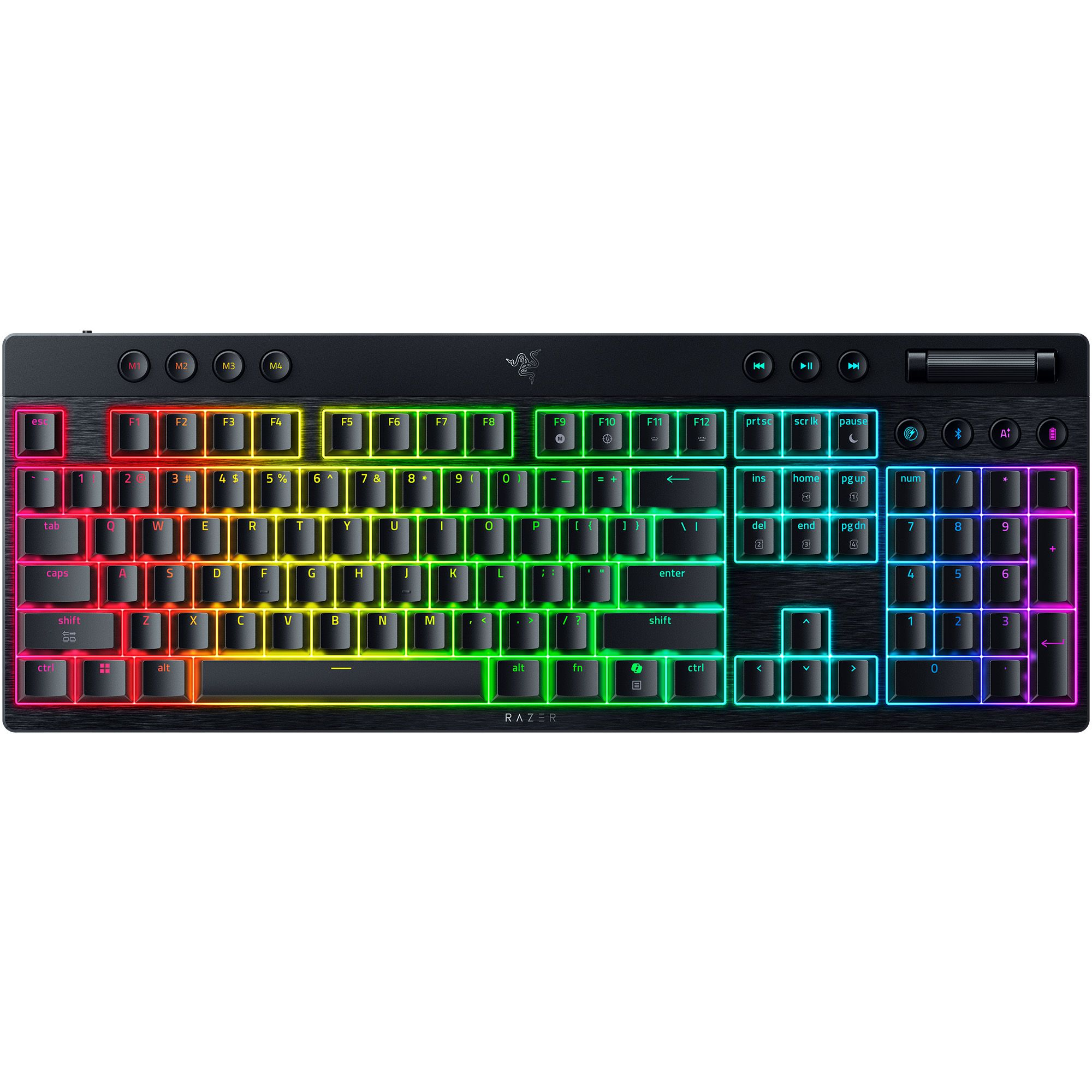 Eine schwarze Razer-Tastatur mit Regenbogen-Hintergrundbeleuchtung. Sie hat zahlreiche Tasten, darunter Funktionstasten, und eine Lautstärkeregelung.