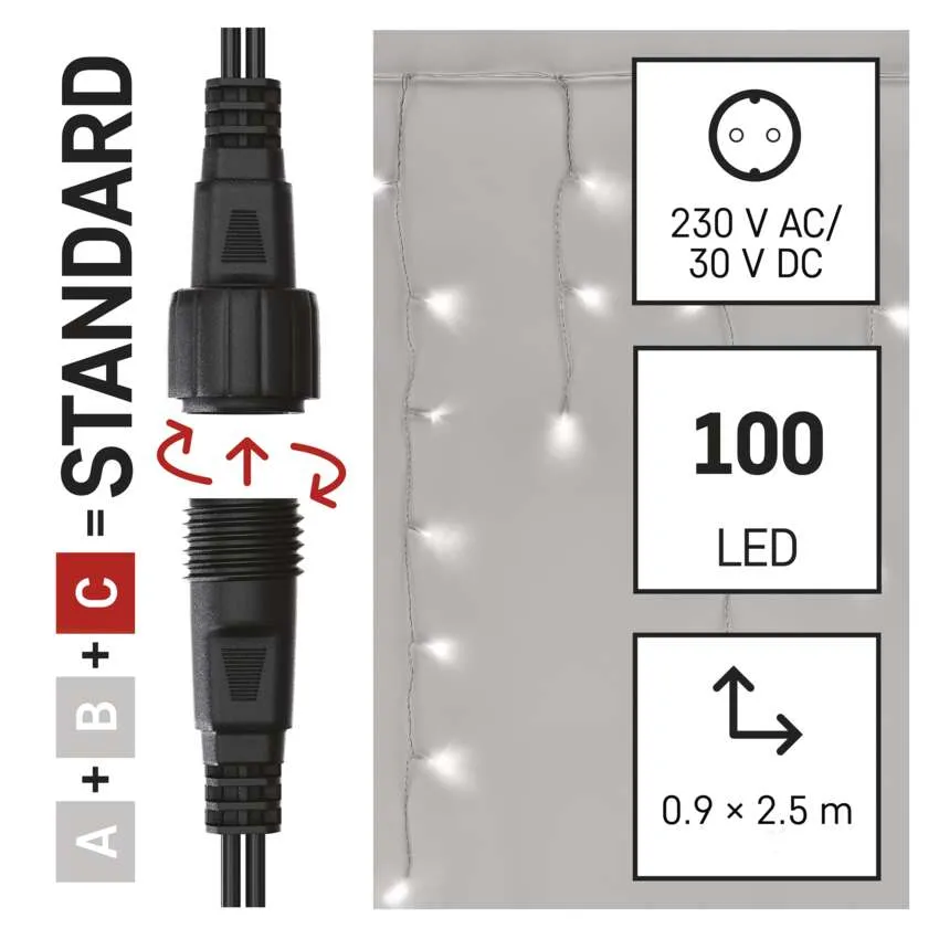 A kép egy csatlakozót, LED-lámpákat és specifikációkat mutat: 230 V AC/30 V DC, 100 LED és 0,9 x 2,5 m méretek.