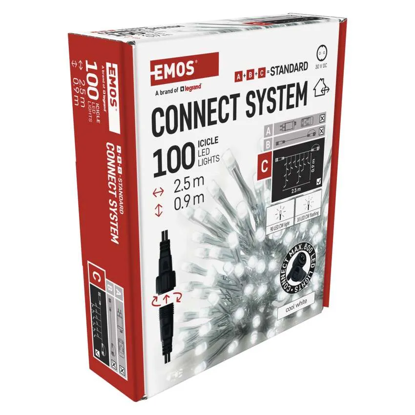 EMOS Connect System 100 LED jégcsapfény doboza. Fény specifikációkat, diagramokat és csatlakozót tartalmaz.