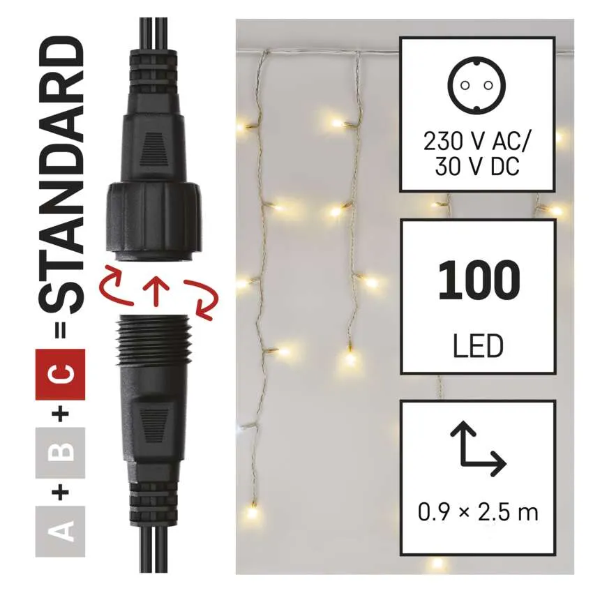 A képen egy fekete csatlakozó és füzérfények láthatók. A szövegmezők feszültséget, 100 LED-et és méreteket mutatnak: 0,9 x 2,5 m.