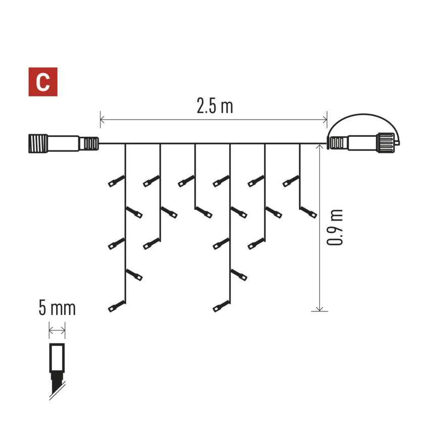 Füzérfények diagramja. A teljes hossz 2,5 m, az esés 0,9 m. Minden lámpa 5 mm. A C betű egy piros négyzetben található.