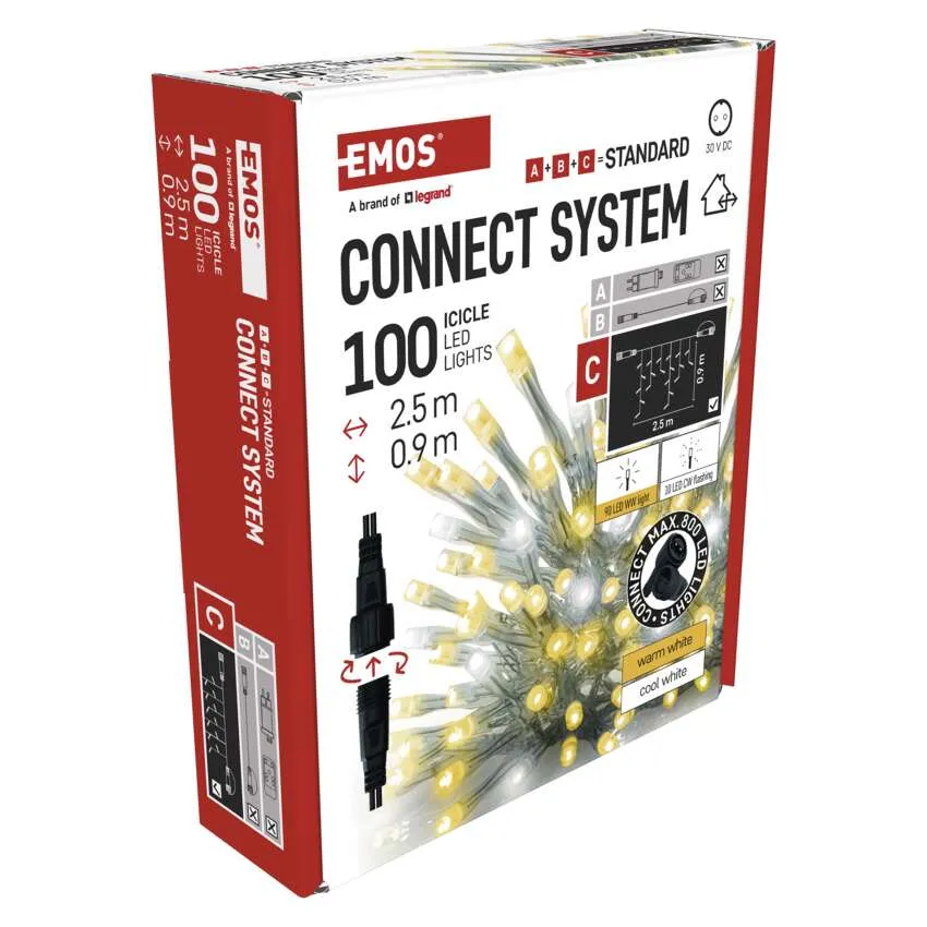 EMOS Connect System 100 LED jégcsapfények doboza. Meleg- és hidegfehér opciók, valamint csatlakozási diagramok.