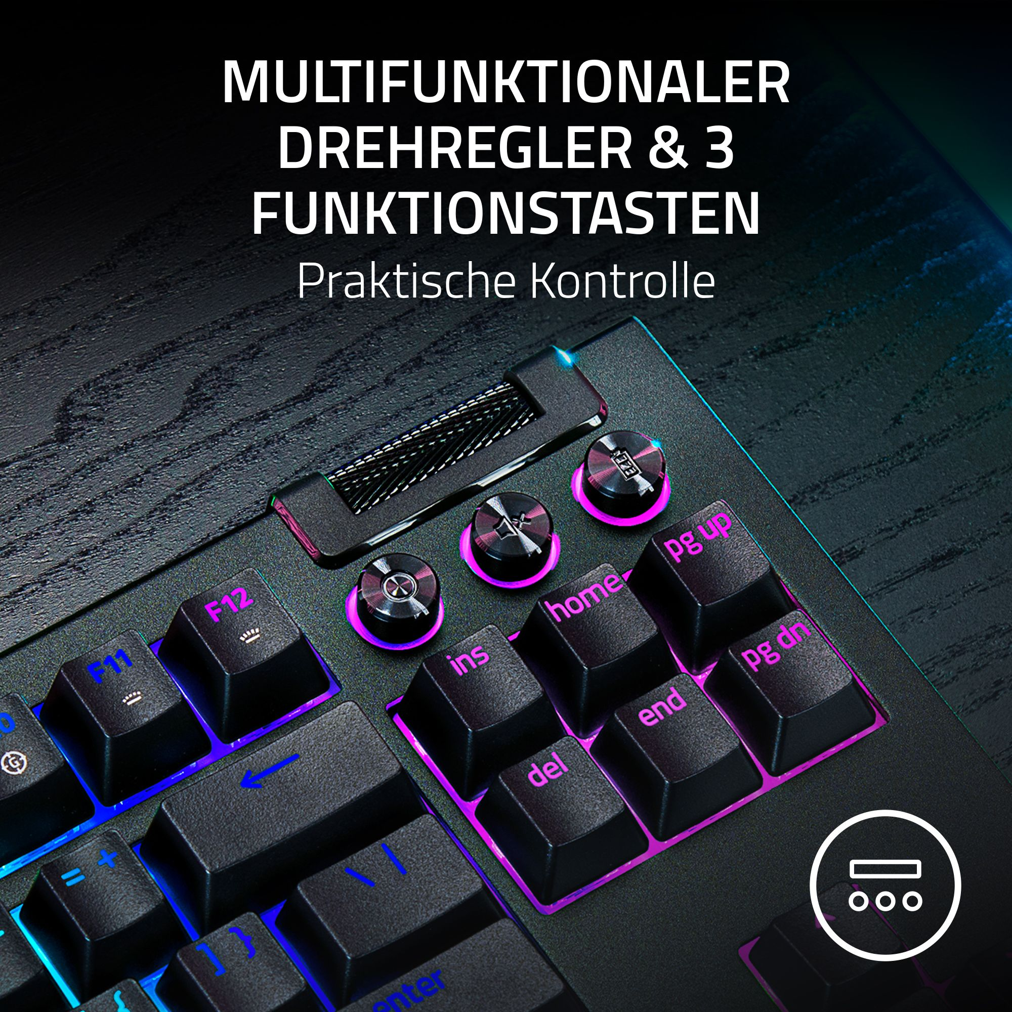 Nahaufnahme einer schwarzen Tastatur mit rosa und blauer Hintergrundbeleuchtung. Enthält Funktionstasten und Drehregler.