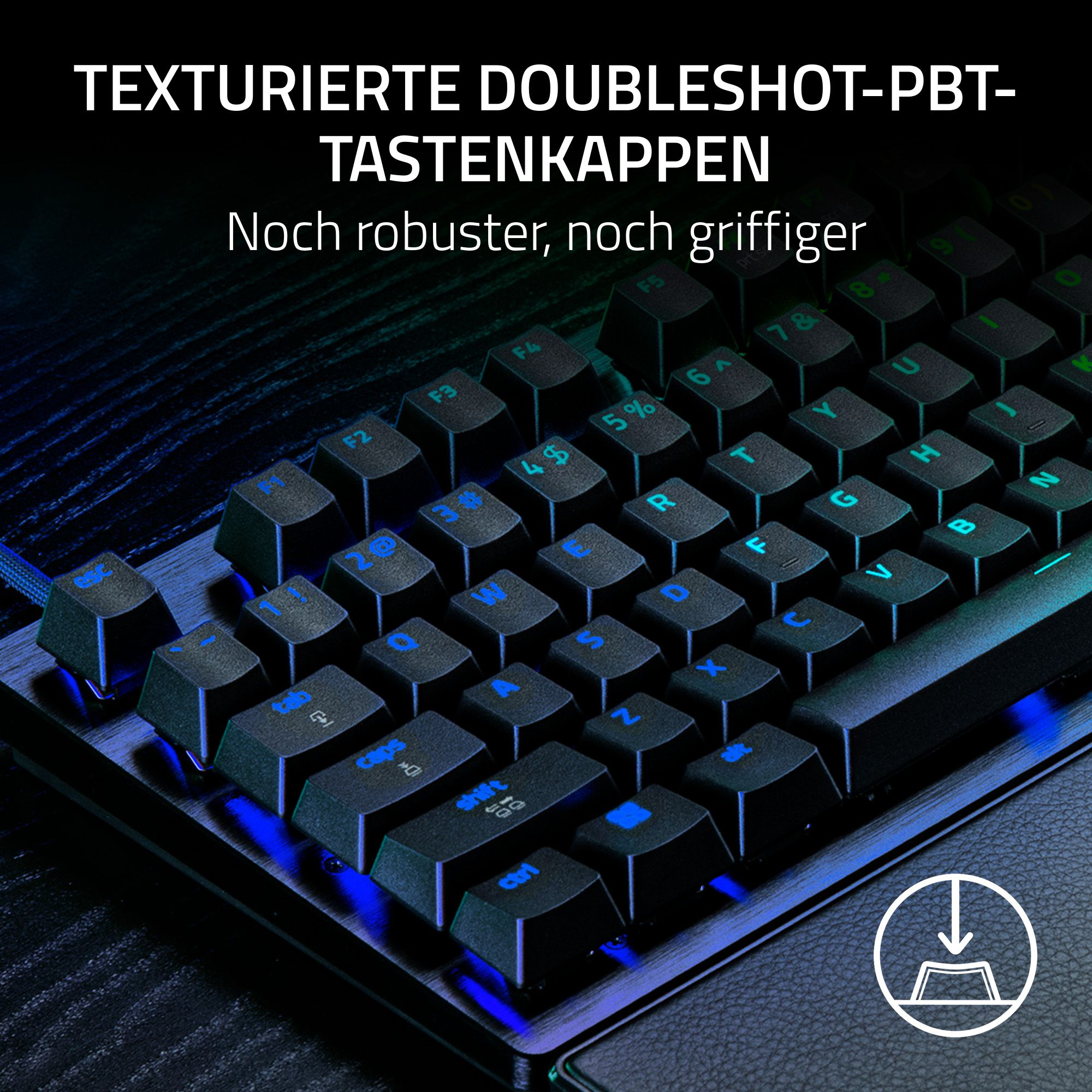Nahaufnahme einer schwarzen Tastatur mit blau beleuchteten Tasten, Text und Symbolen, auf strukturierter Oberfläche.
