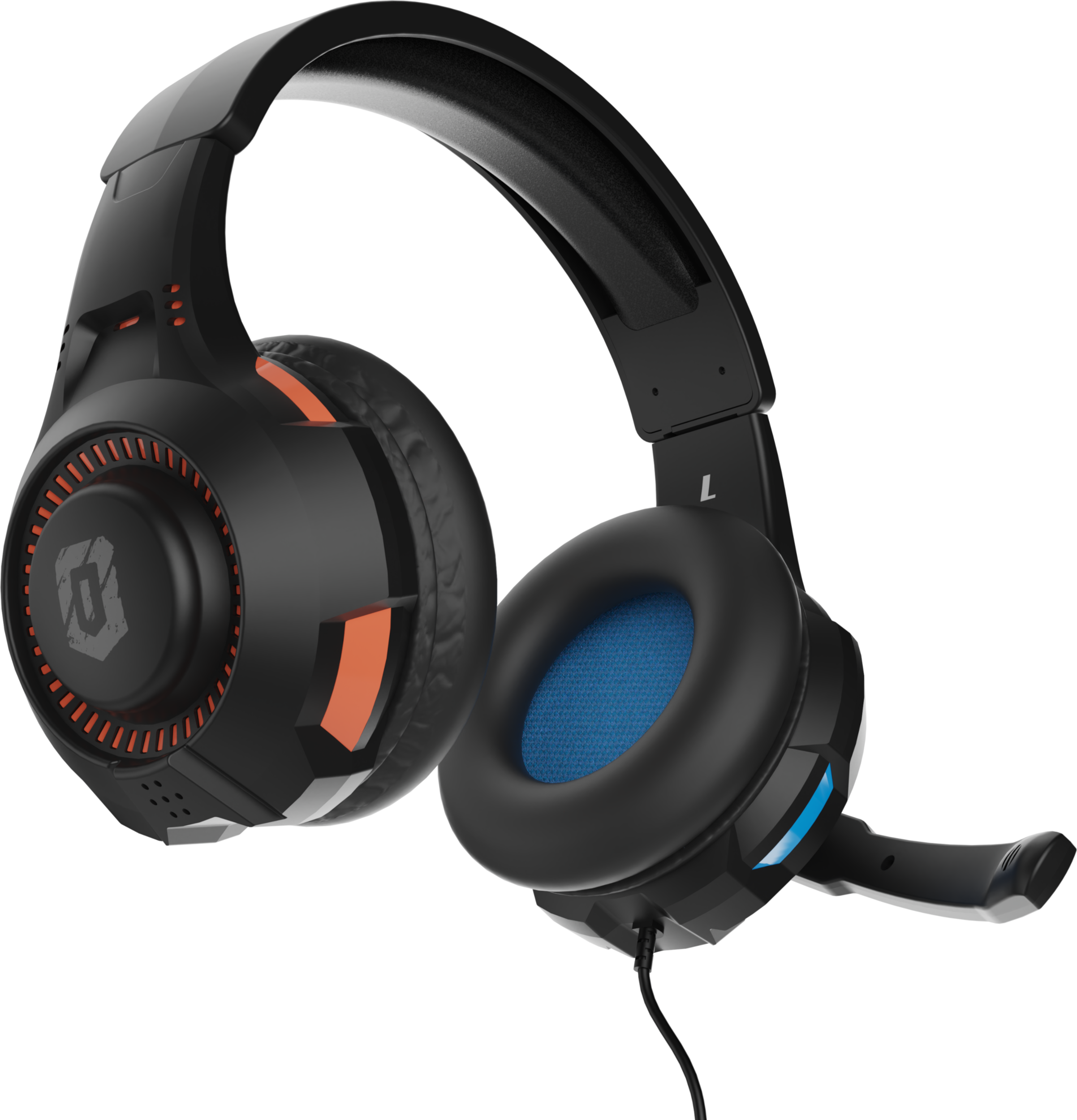 Fekete gamer headset narancs és kék díszítéssel. Mikrofonnal és kábellel. Fekete háttér előtt.