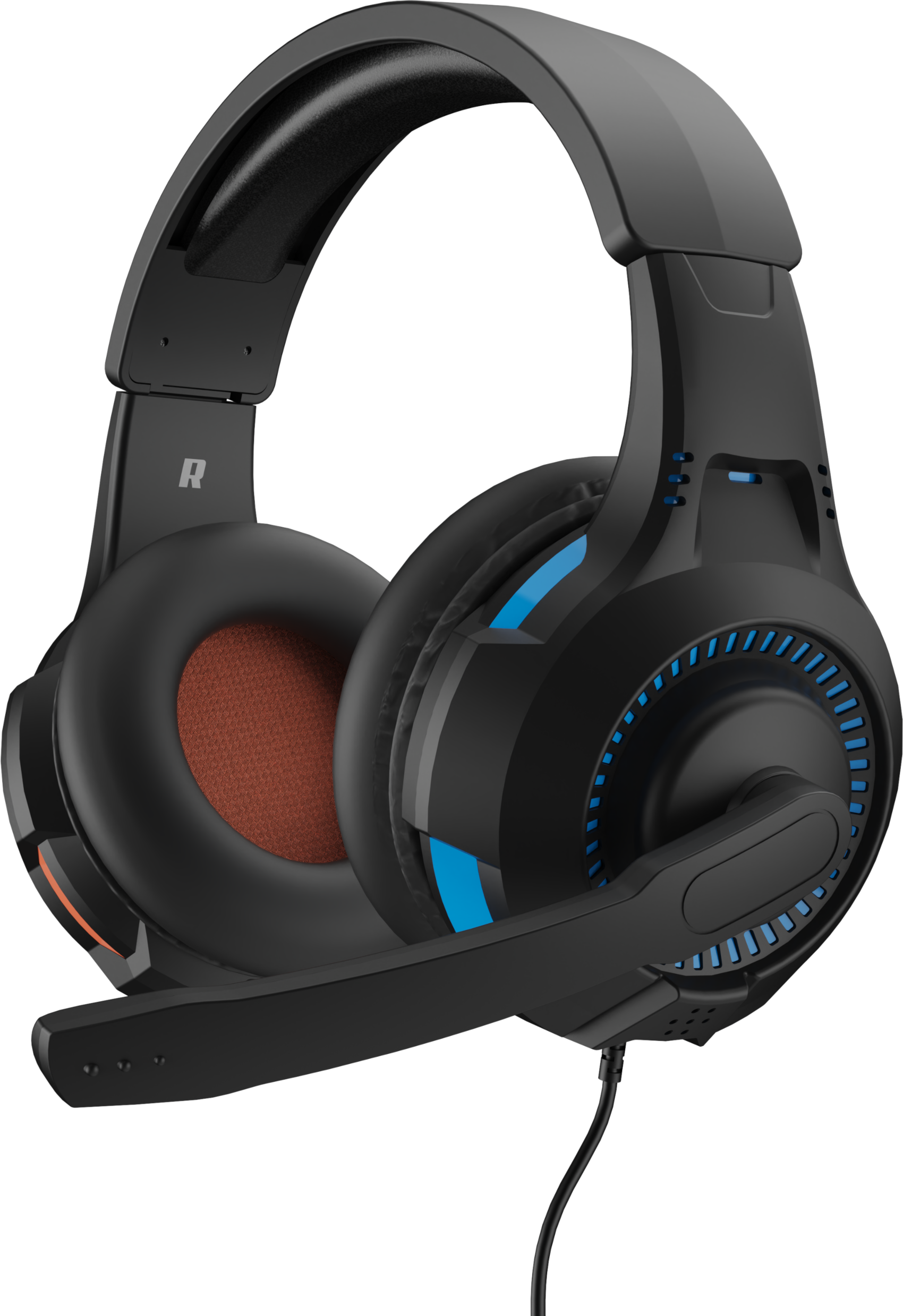 Fekete gamer headset kék díszítéssel. A fülkagylók narancs és fekete párnázással rendelkeznek.