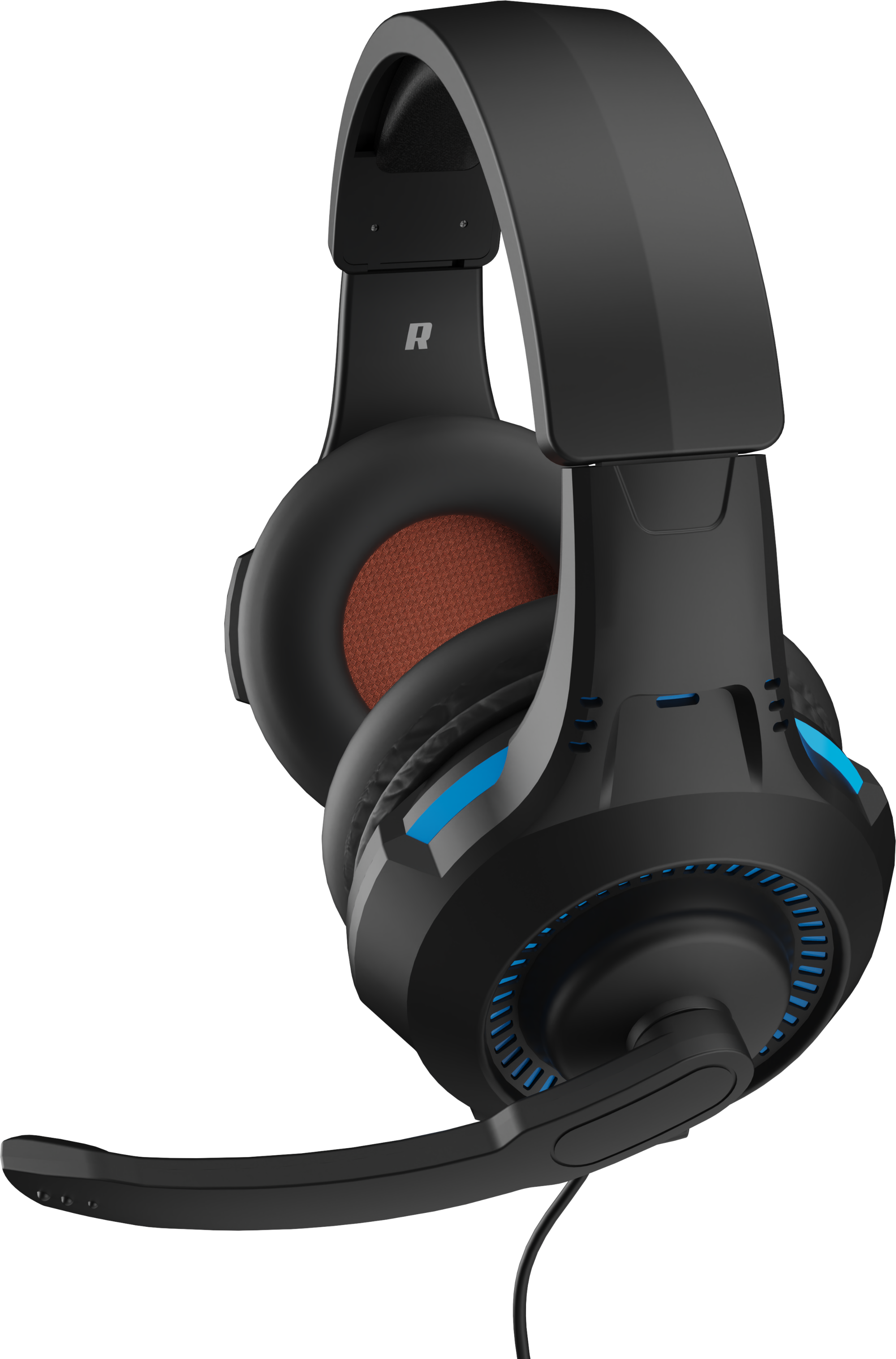 Fekete és kék gamer headset mikrofonnal. A fülkagylókon barna háló és R betű látható.